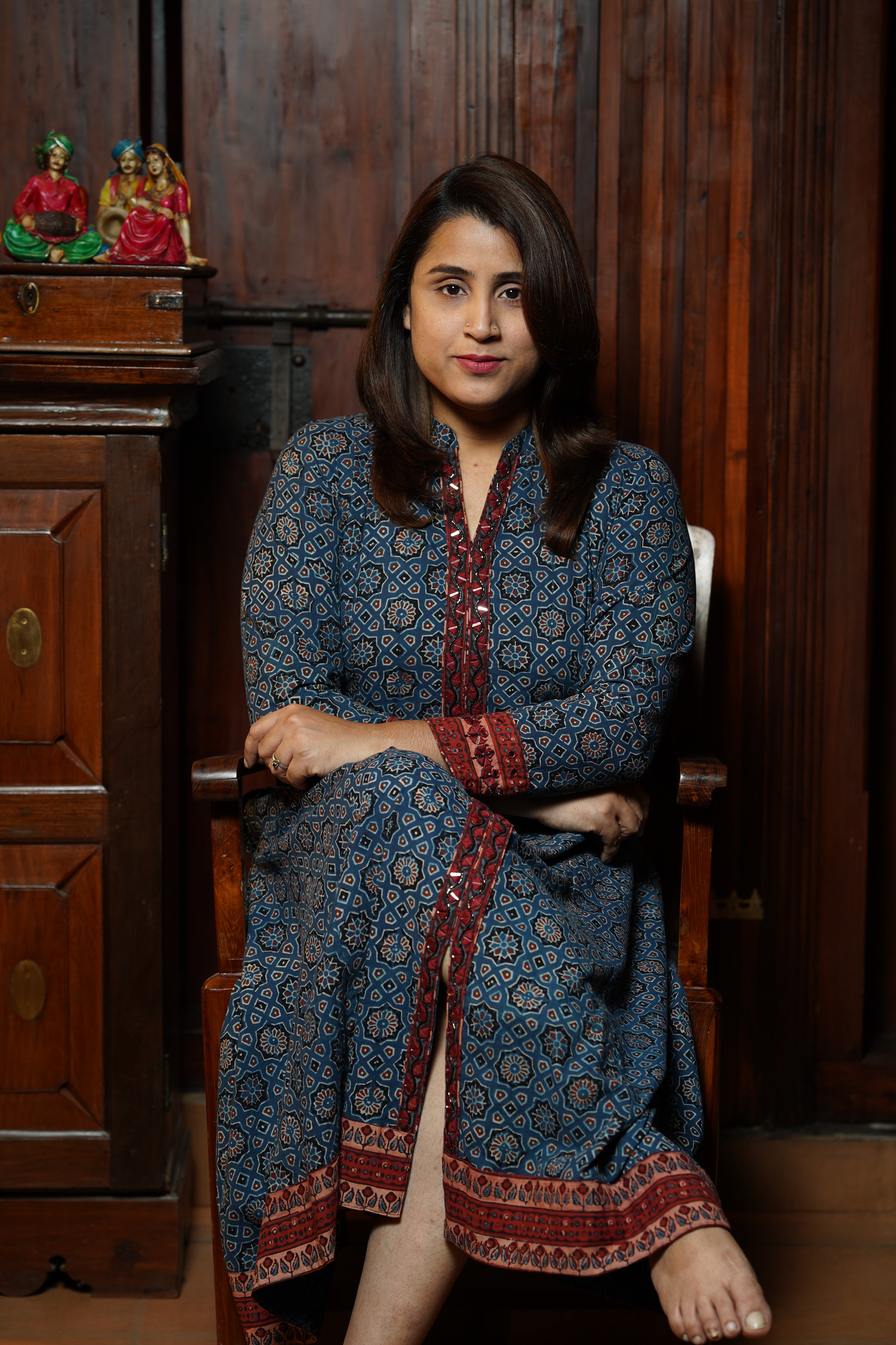 Hand Block Dhamadka Ajrakh Printed Aline Princess Cut Dress With Hand Work & Pockets