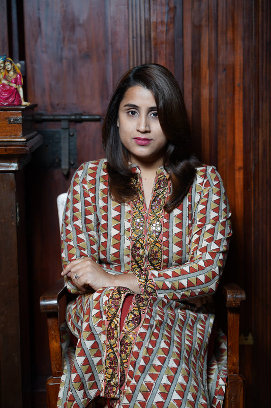 Hand Block Printed Pedana Kalamkari Straight Cut Dress With Hand Work