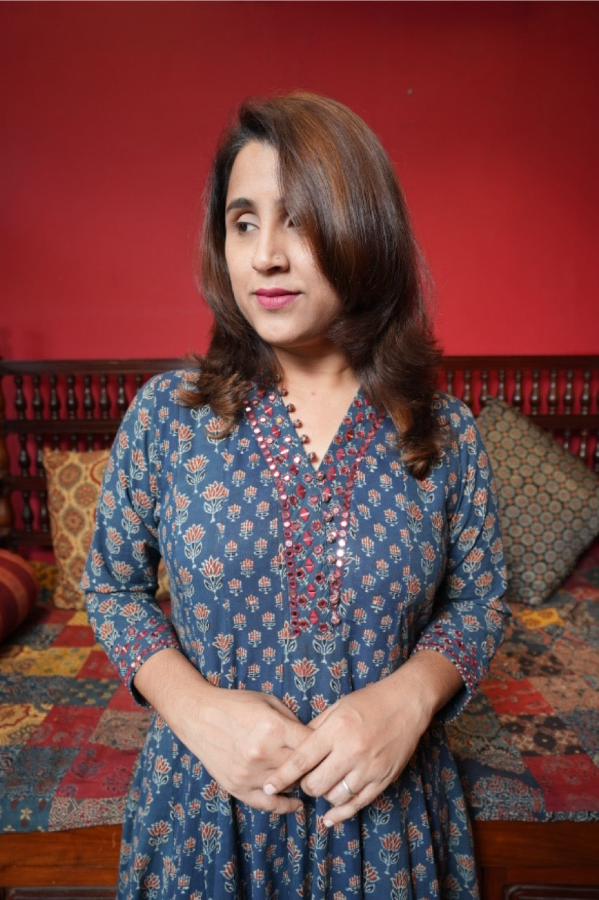 Hand Block Printed Dhamadka Ajrakh Anarkali Dress With Hand Work
