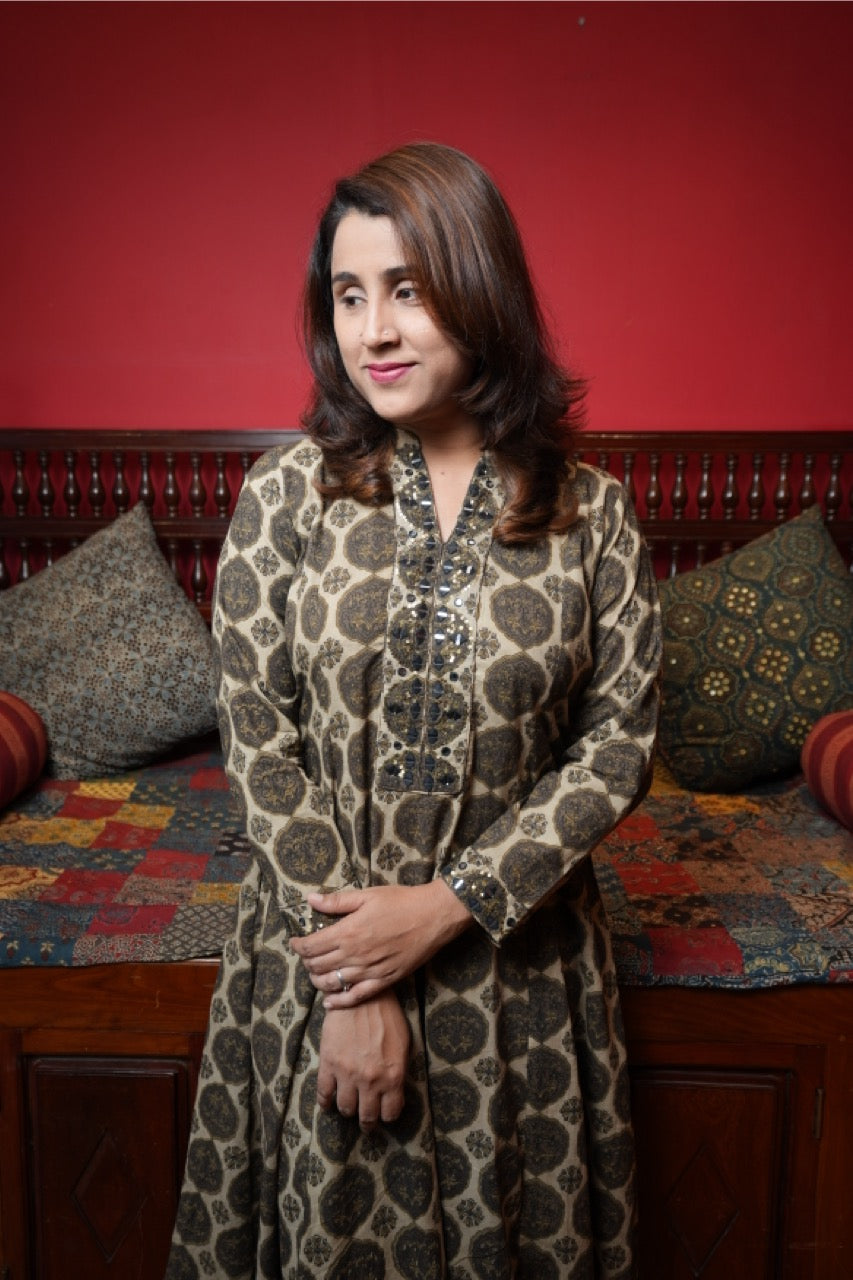 Hand Block Printed Dhamadka Ajrakh Aline Princess Cut Dress With Hand Work