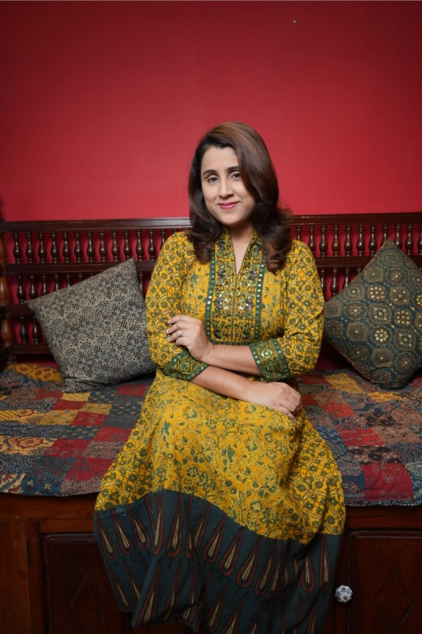 Hand Block Printed Dhamadka  Ajrakh Aline Dress With Hand Work