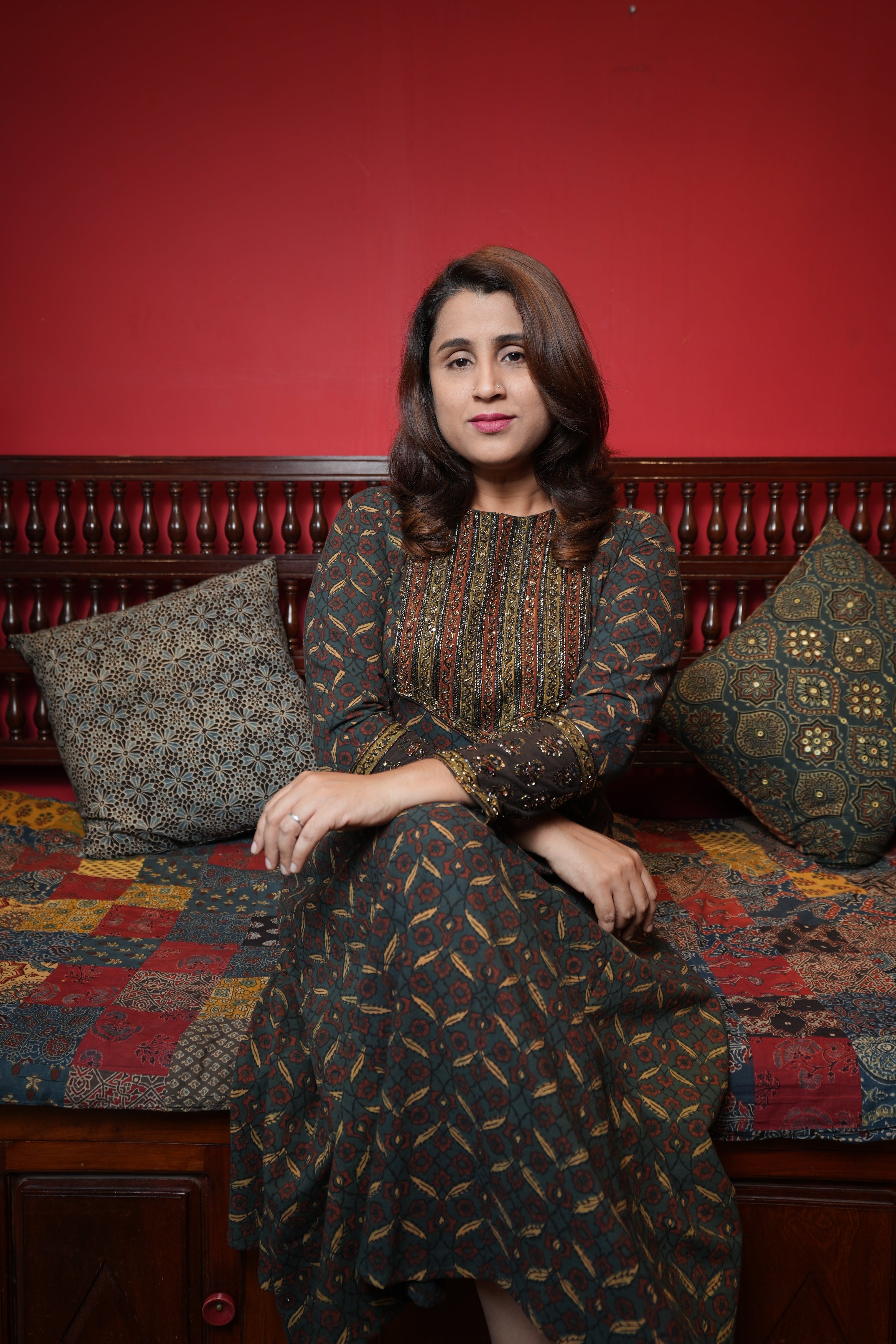 Hand Block Printed Ajrakh Aline Princess Cut Kurthi with Hand Work