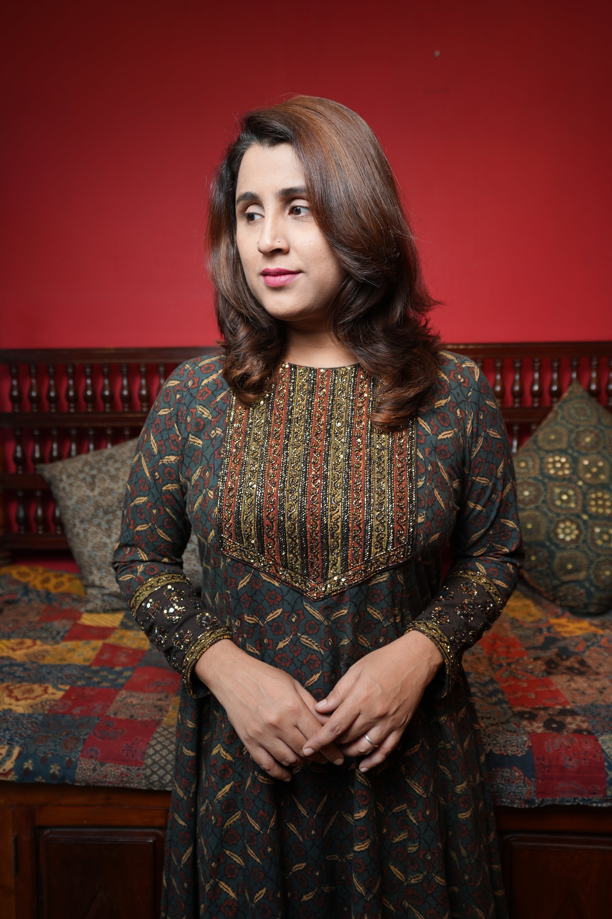 Hand Block Printed Ajrakh Aline Princess Cut Kurthi with Hand Work