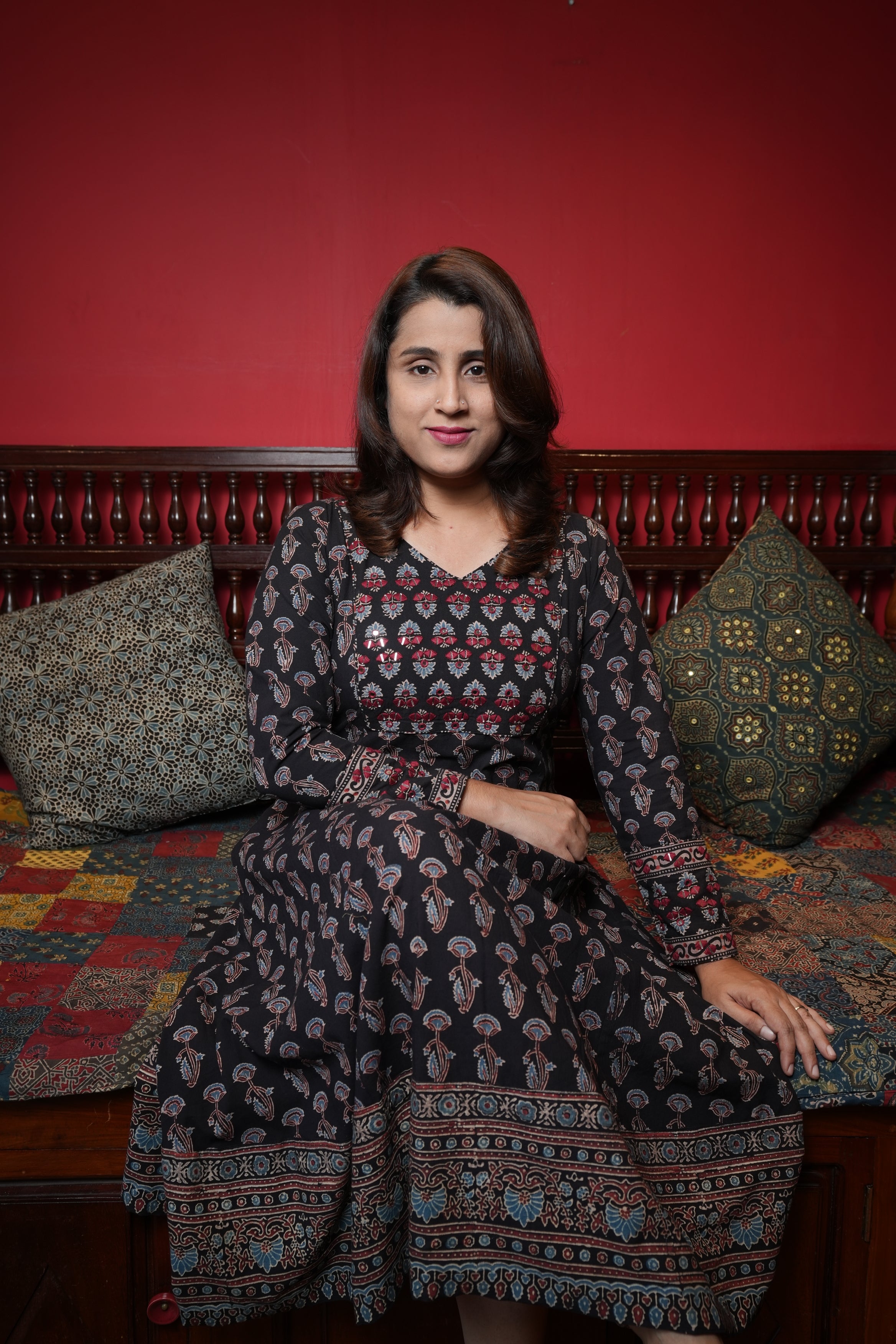 Hand Block Printed Ajrakh Aline Princess Cut Kurthi with Hand Work