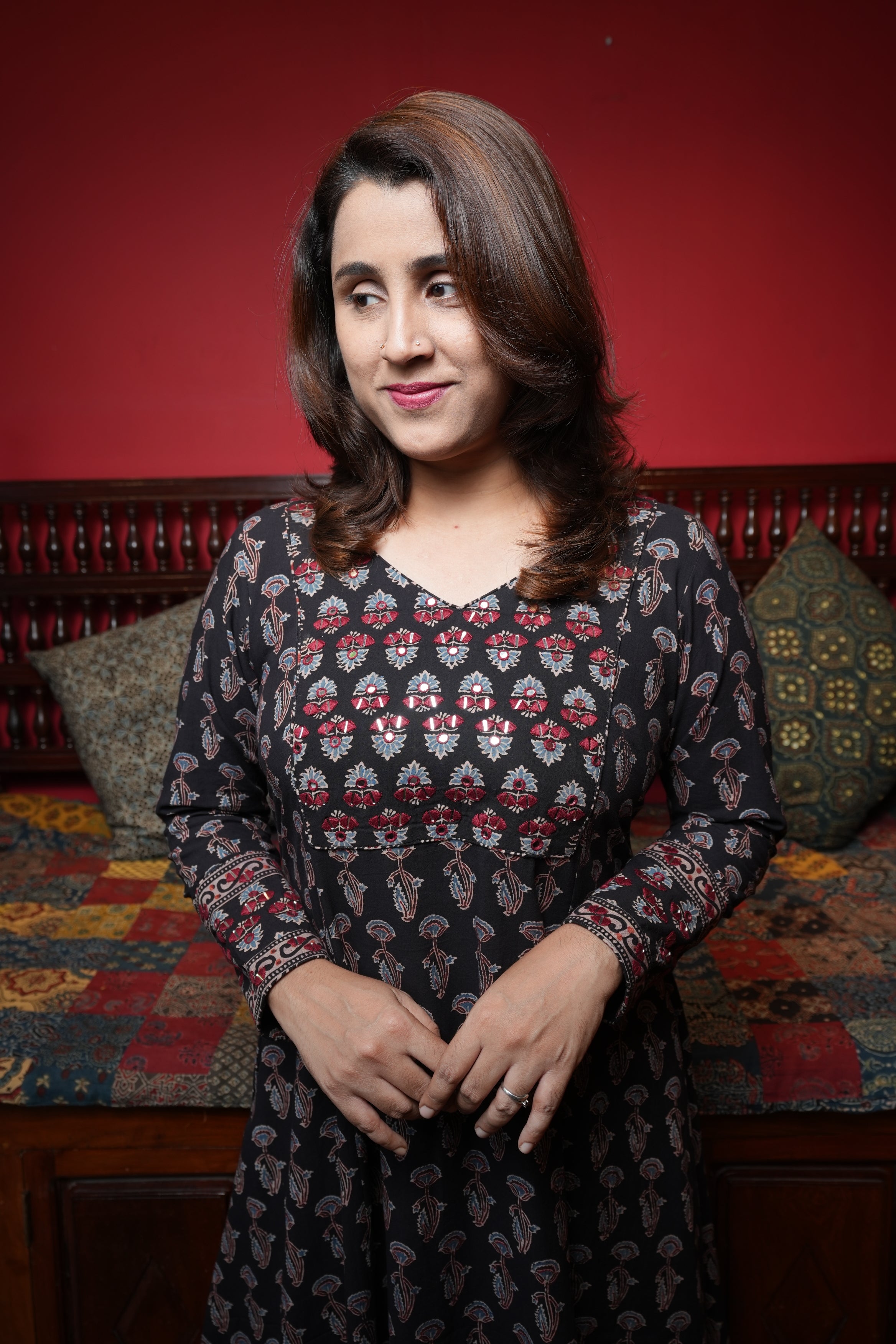 Hand Block Printed Ajrakh Aline Princess Cut Kurthi with Hand Work