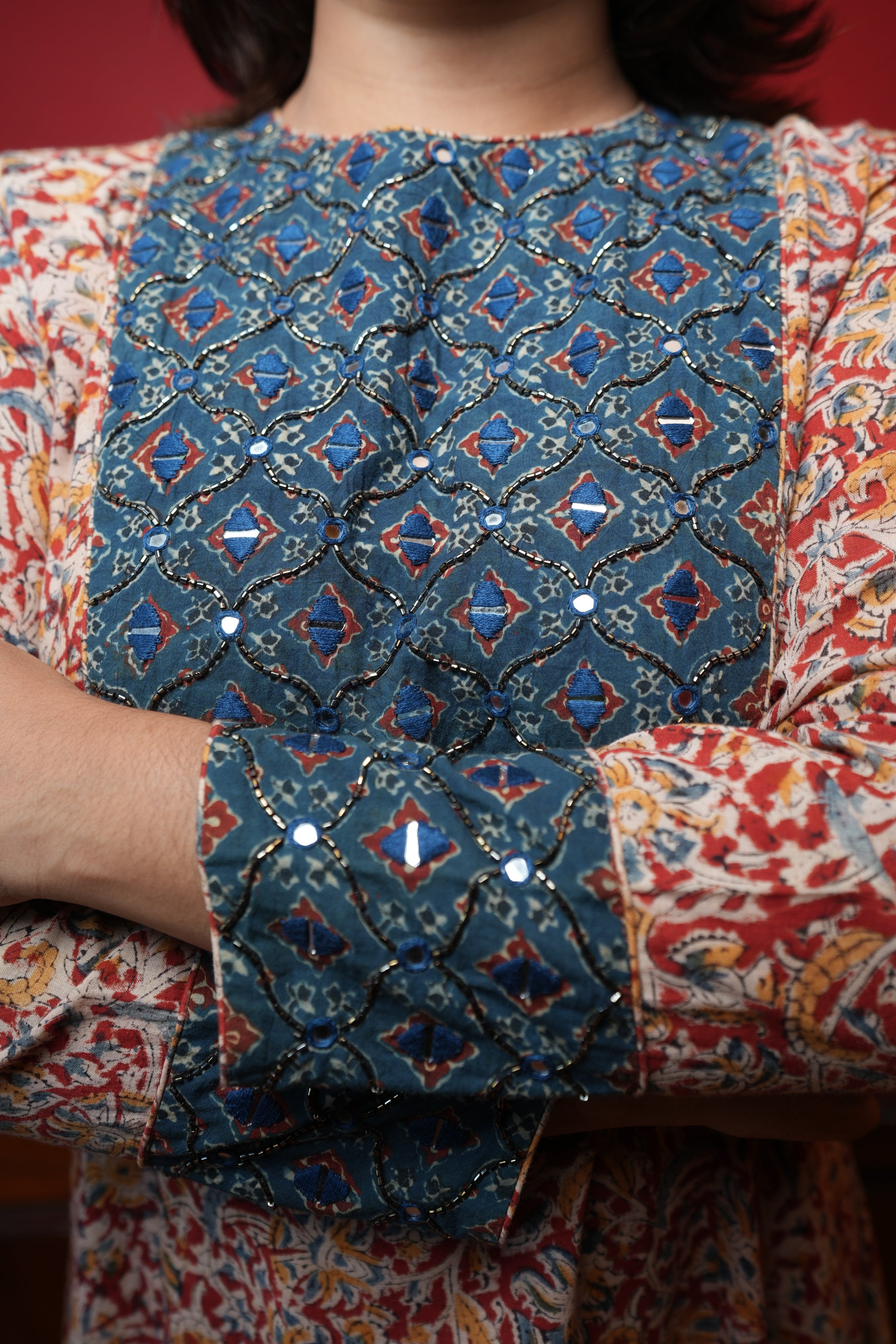 Hand Block Printed Kalamkari Cotton Aline Princess Cut Kurthi with Hand Work