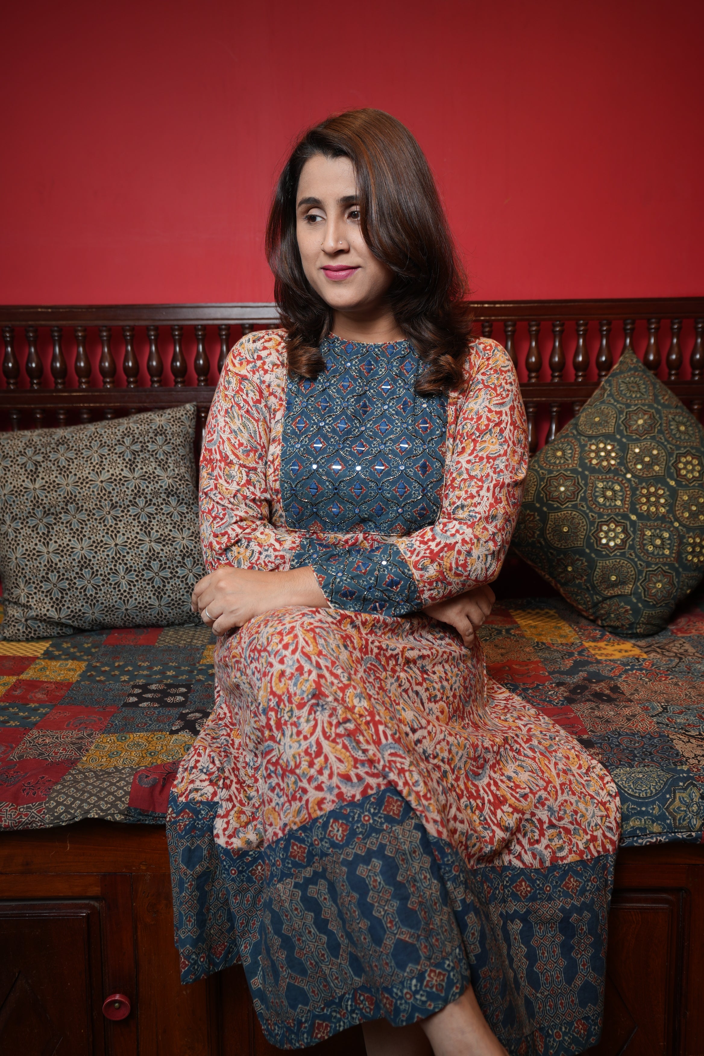 Hand Block Printed Kalamkari Cotton Aline Princess Cut Kurthi with Hand Work