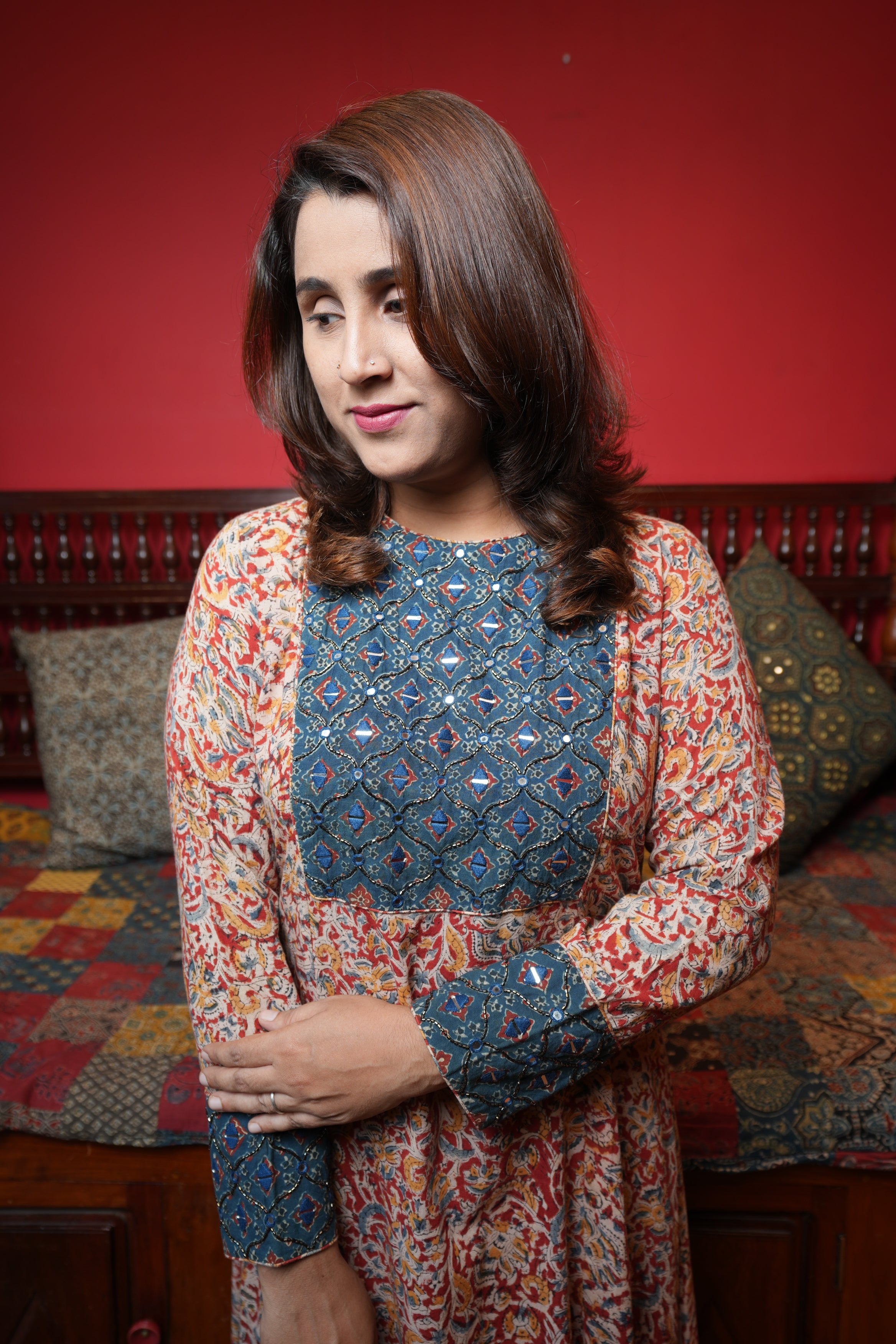 Hand Block Printed Kalamkari Cotton Aline Princess Cut Kurthi with Hand Work