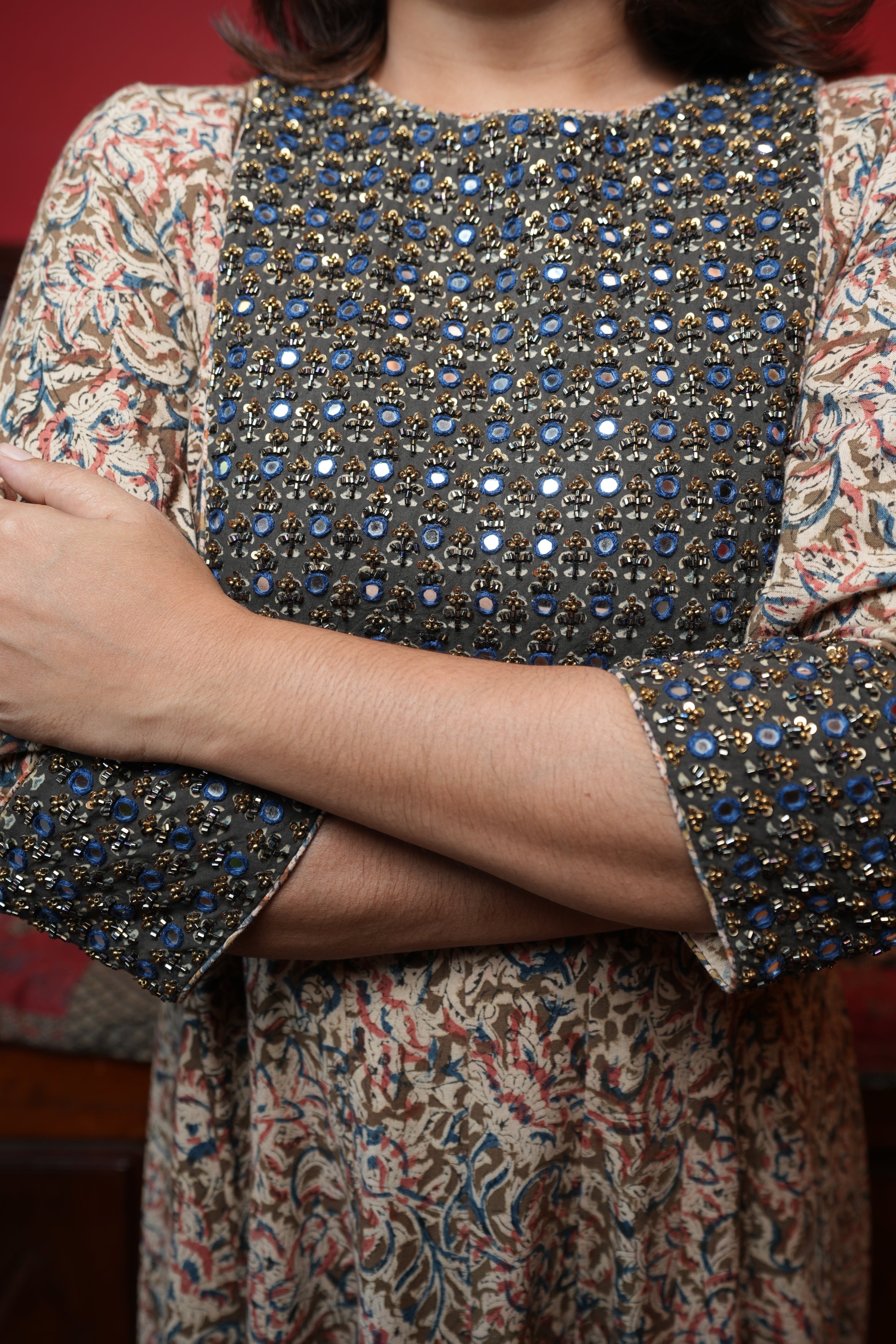 Hand Block Printed Kalamkari Anarkali Kurthi with Hand Work