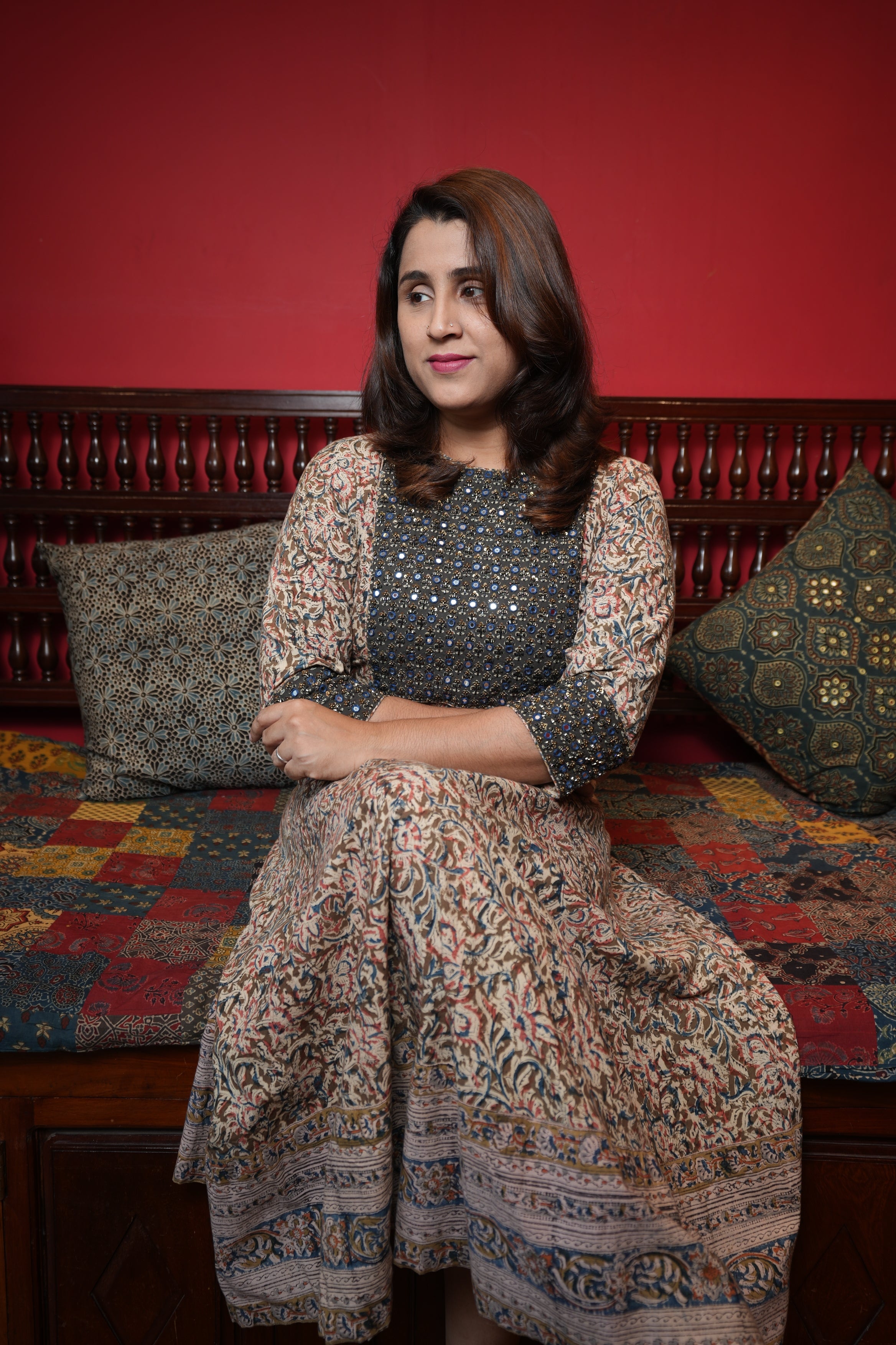 Hand Block Printed Kalamkari Anarkali Kurthi with Hand Work