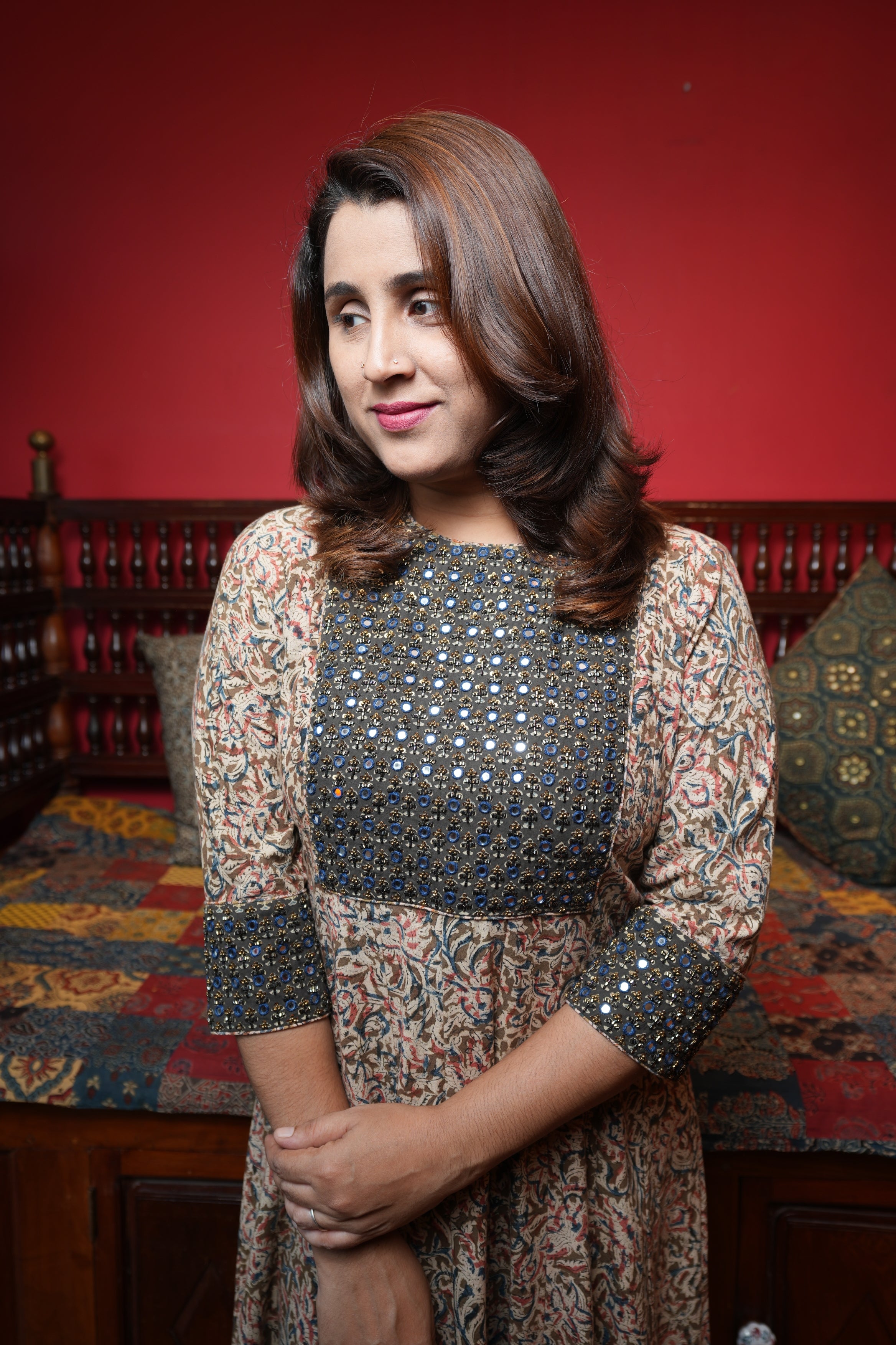 Hand Block Printed Kalamkari Anarkali Kurthi with Hand Work