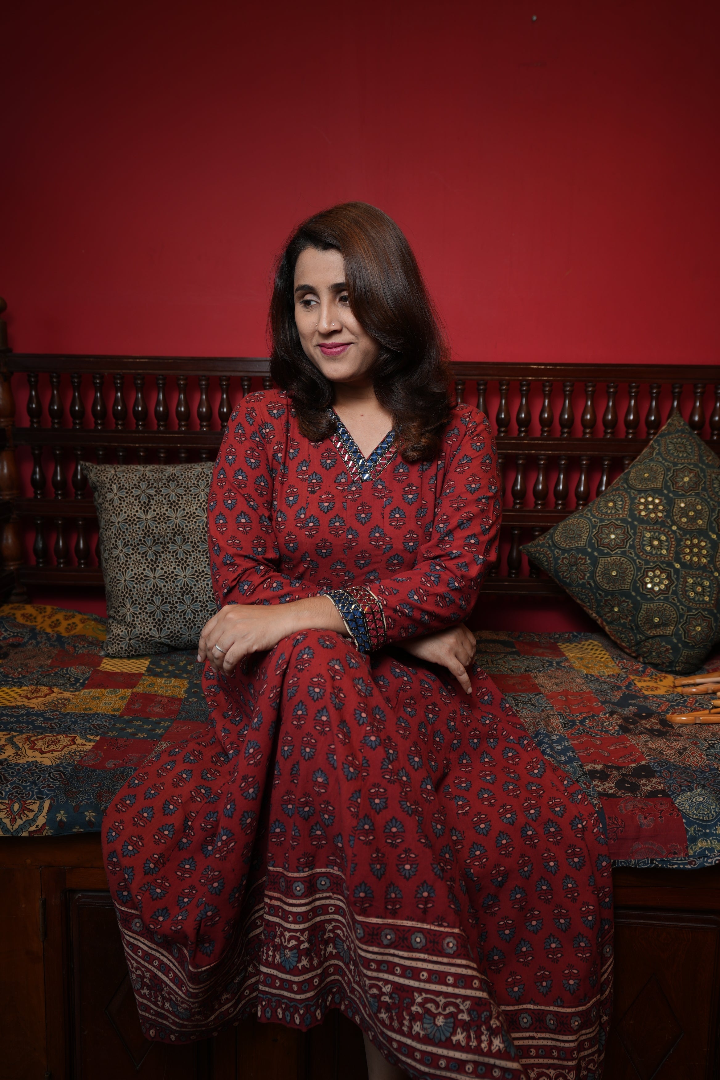 Hand Block Printed Ajrakh Anarkali Kurthi with Hand Work