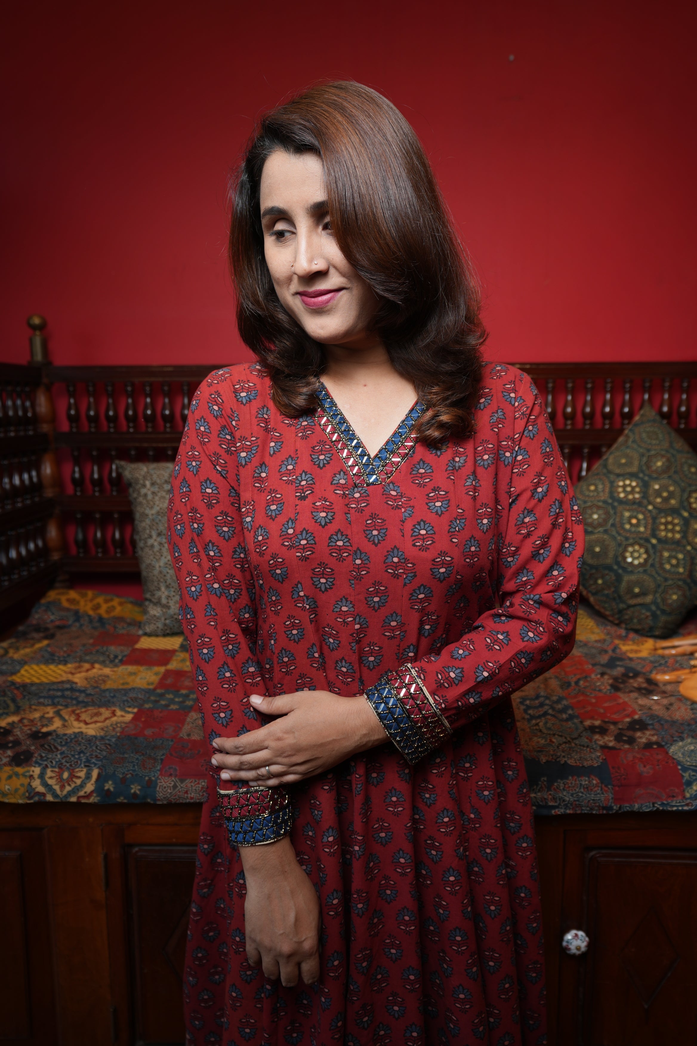 Hand Block Printed Ajrakh Anarkali Kurthi with Hand Work