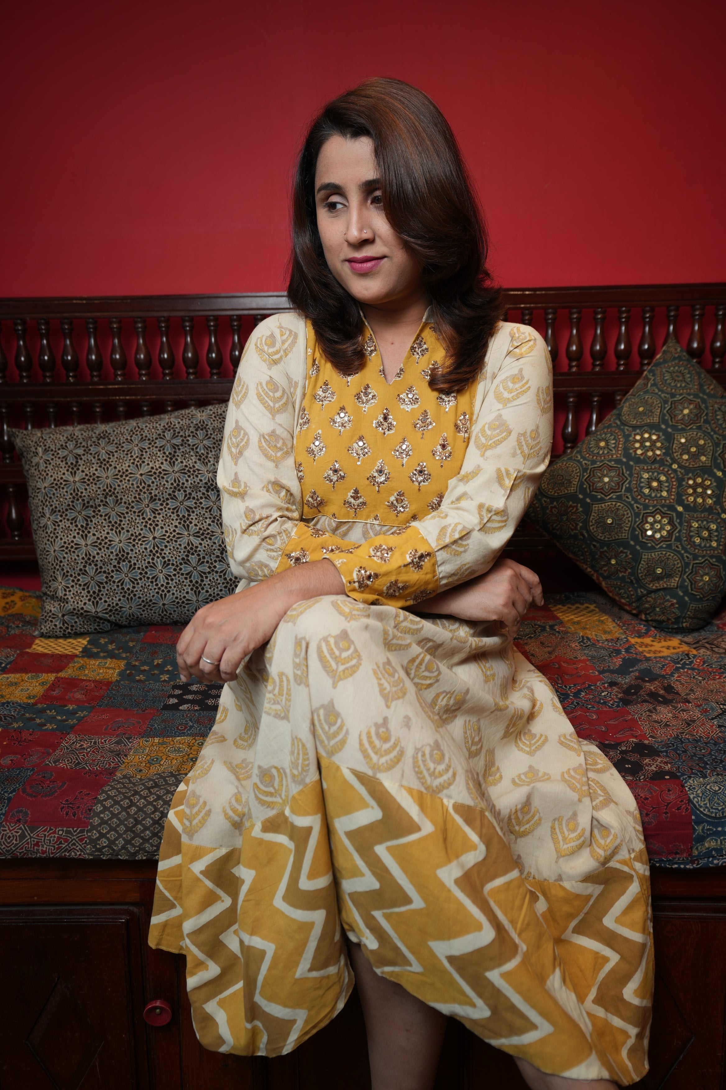 Hand Block Printed Vanaspathi Cotton Aline Princess Cut Kurthi with Hand Work