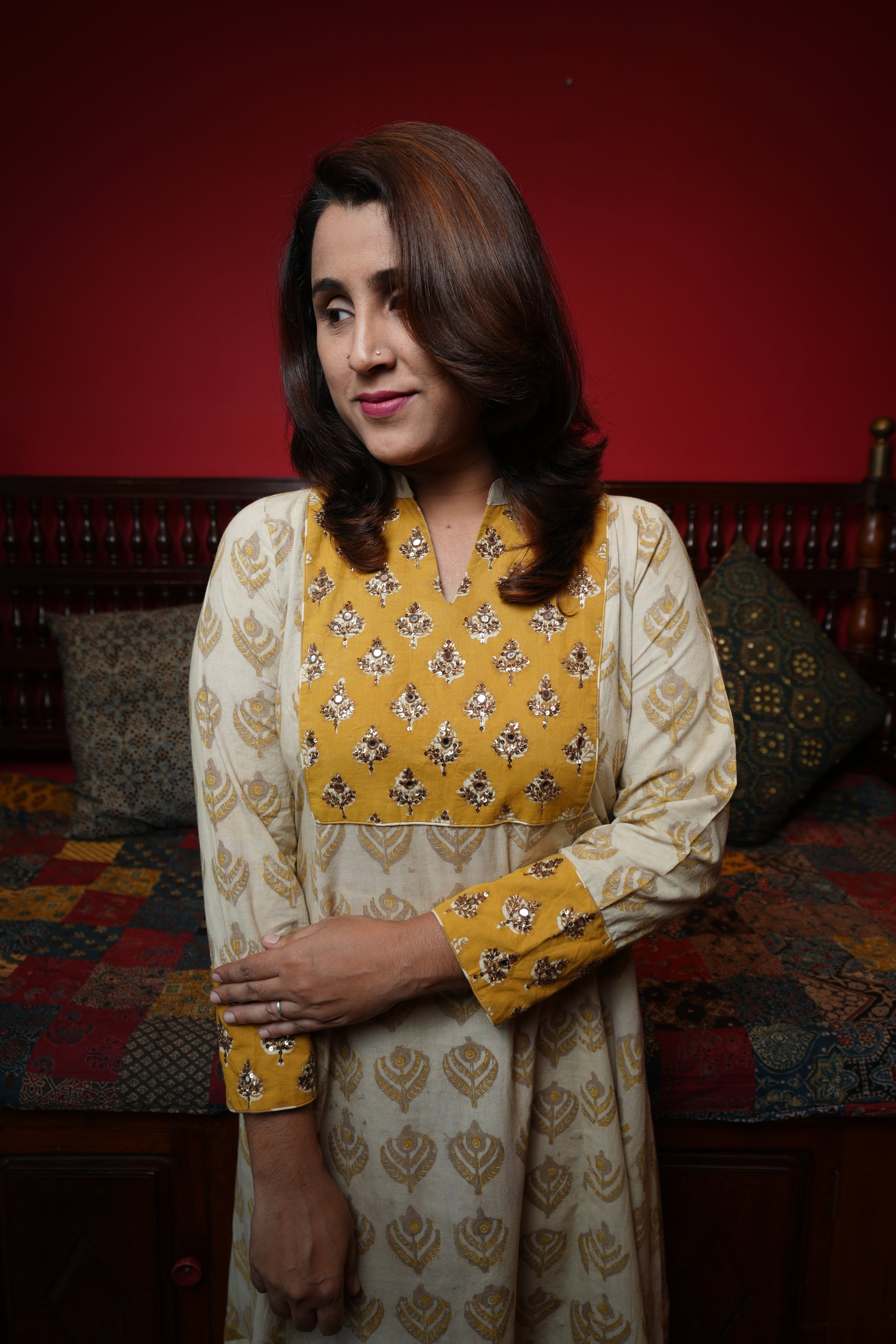 Hand Block Printed Vanaspathi Cotton Aline Princess Cut Kurthi with Hand Work