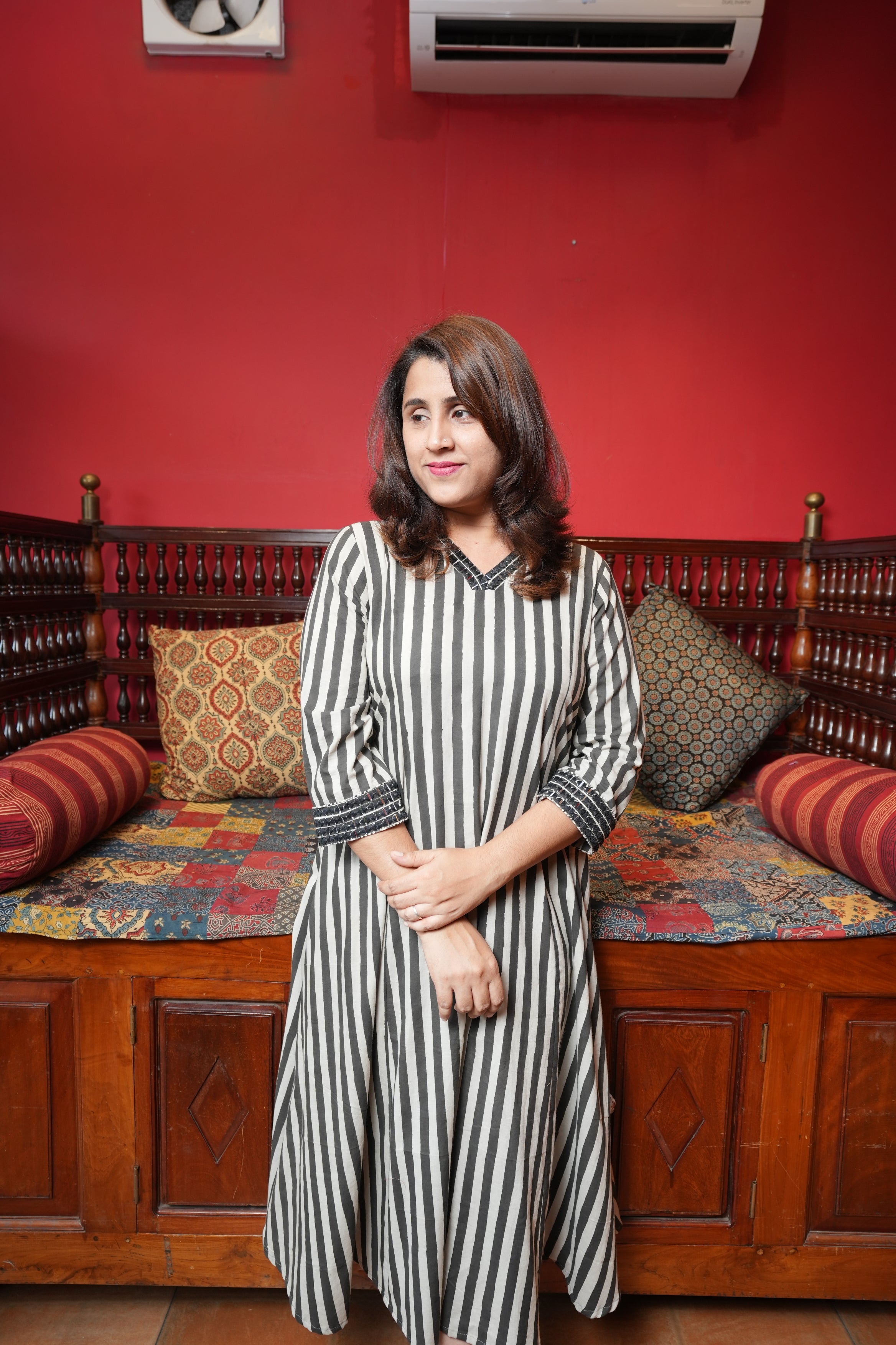 Hand Block Printed Cotton Aline Princess Cut Kurthi with Hand Work on Sleeve and Neck