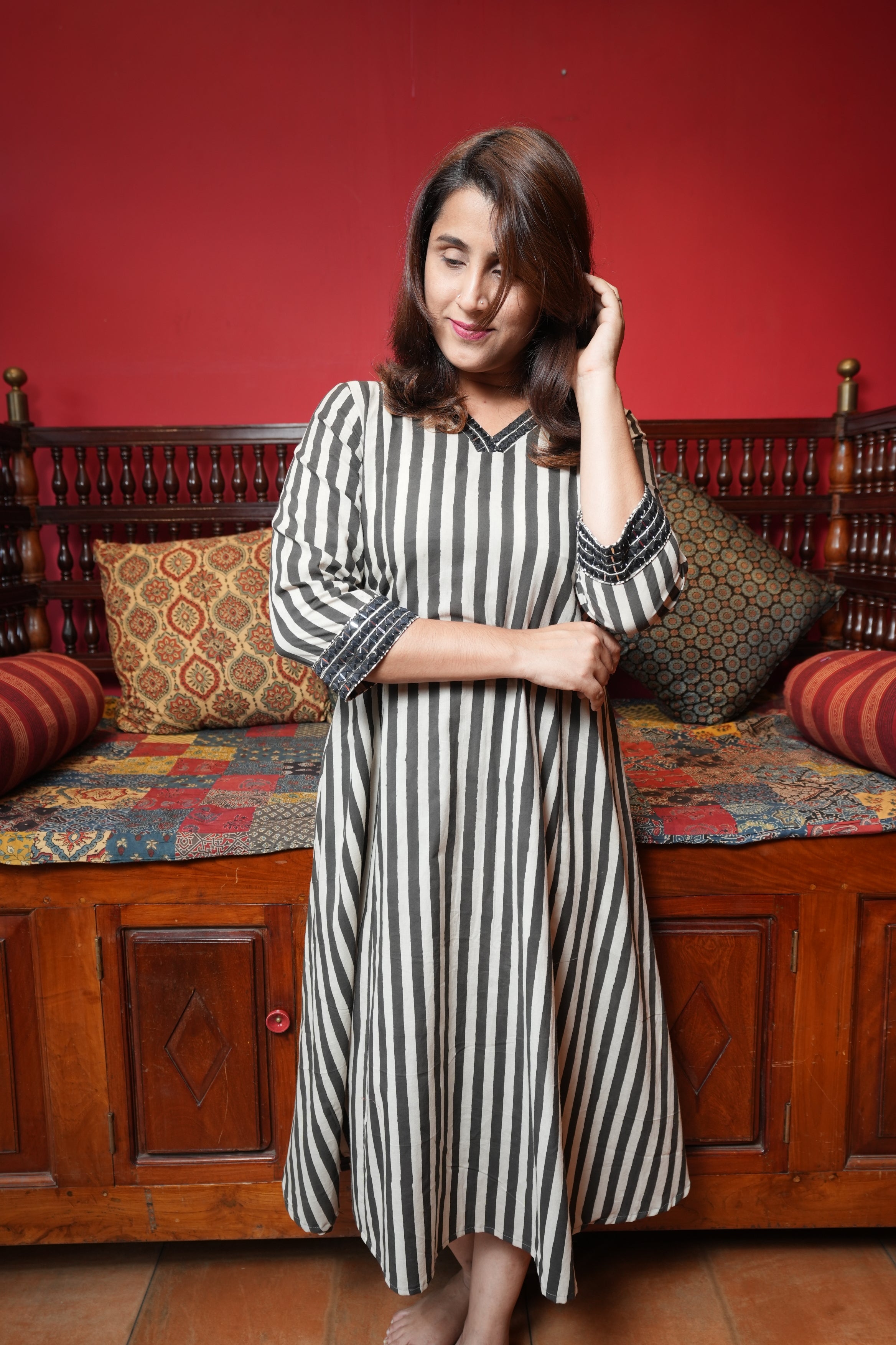 Hand Block Printed Cotton Aline Princess Cut Kurthi with Hand Work on Sleeve and Neck