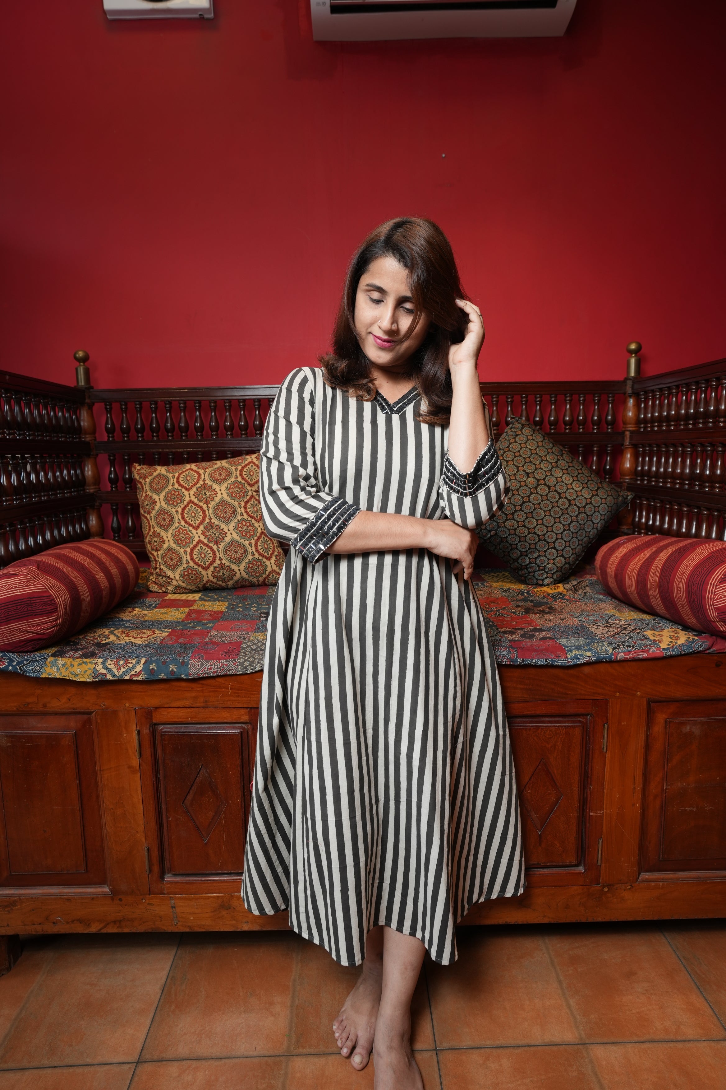 Hand Block Printed Cotton Aline Princess Cut Kurthi with Hand Work on Sleeve and Neck