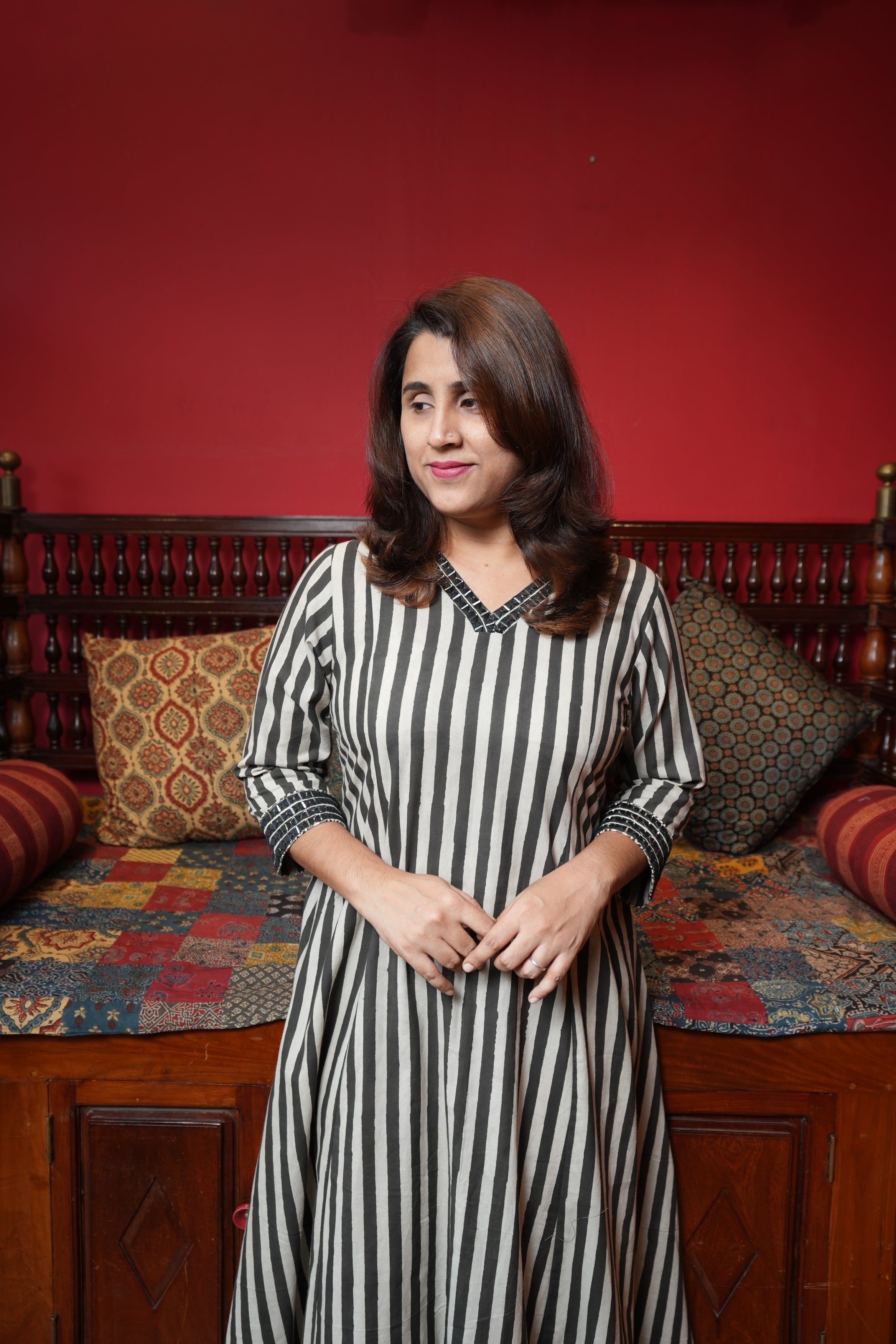 Hand Block Printed Cotton Aline Princess Cut Kurthi with Hand Work on Sleeve and Neck