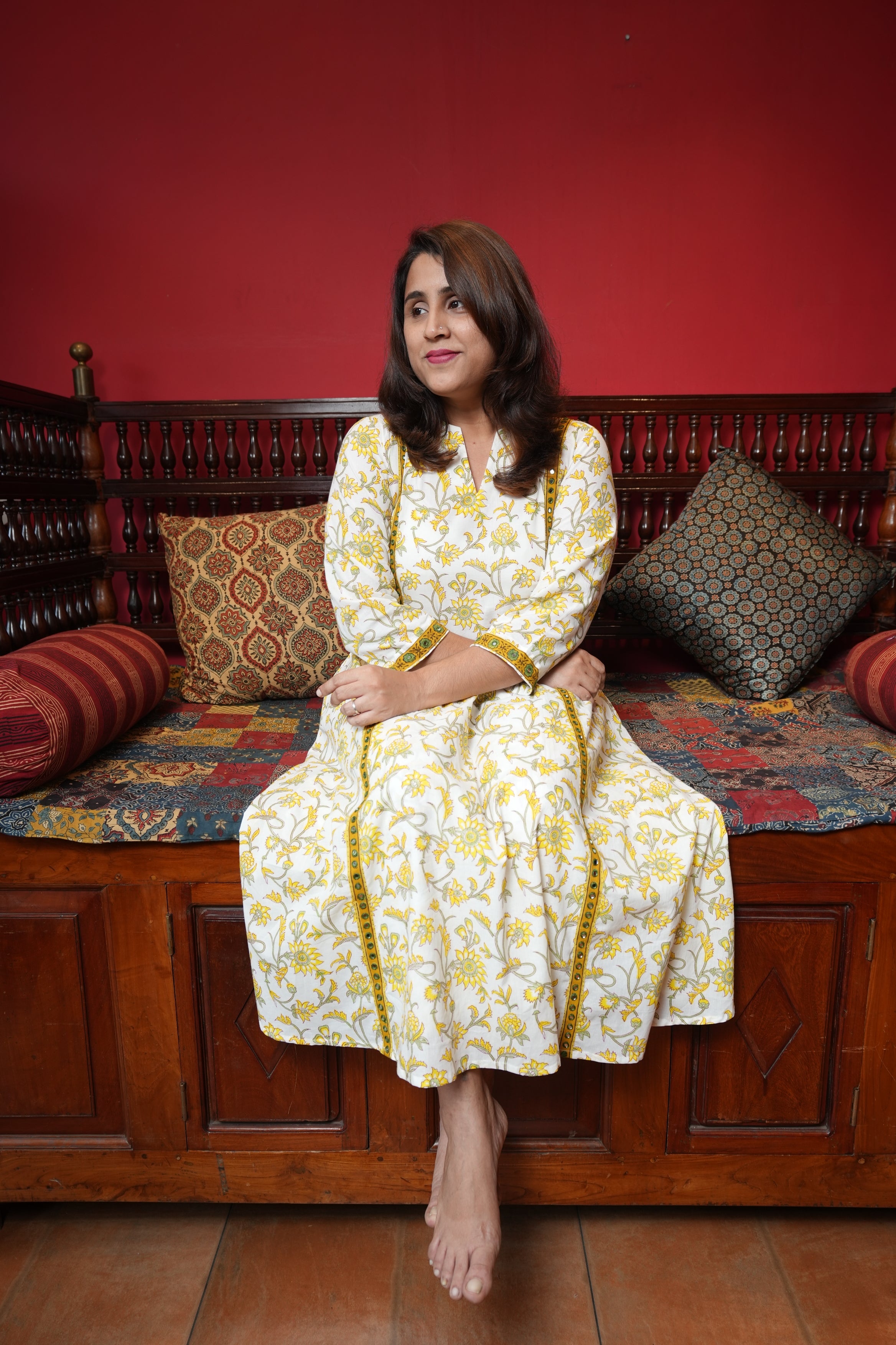 Hand Block Printed Cotton Aline Princess Cut Kurthi Set With Hand Work