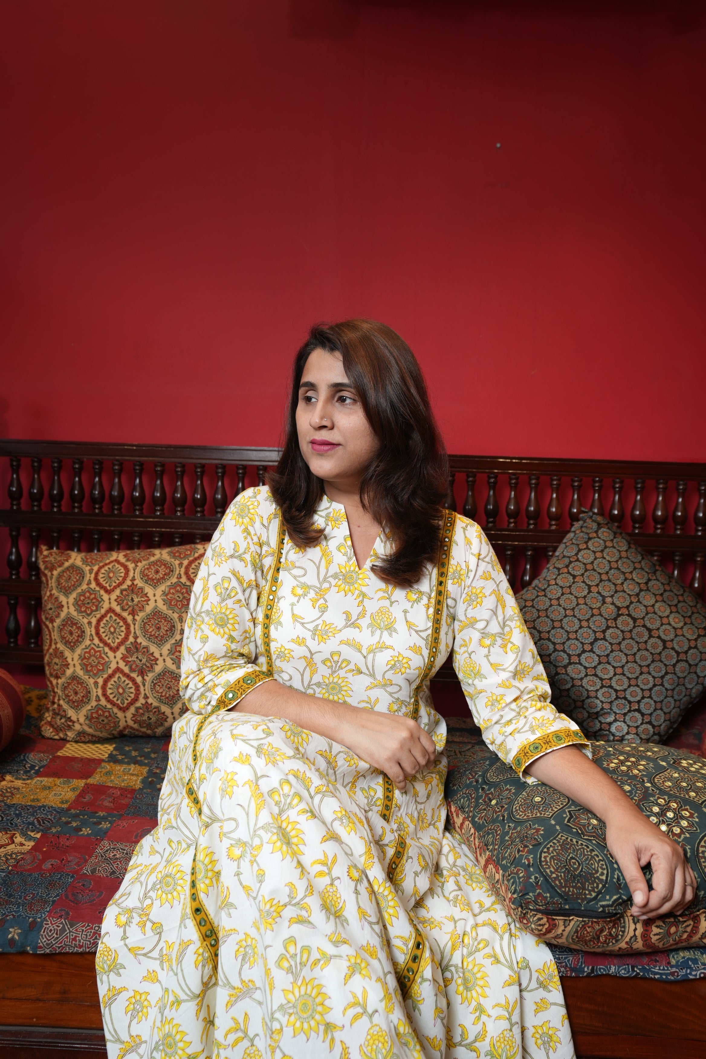 Hand Block Printed Cotton Aline Princess Cut Kurthi Set With Hand Work