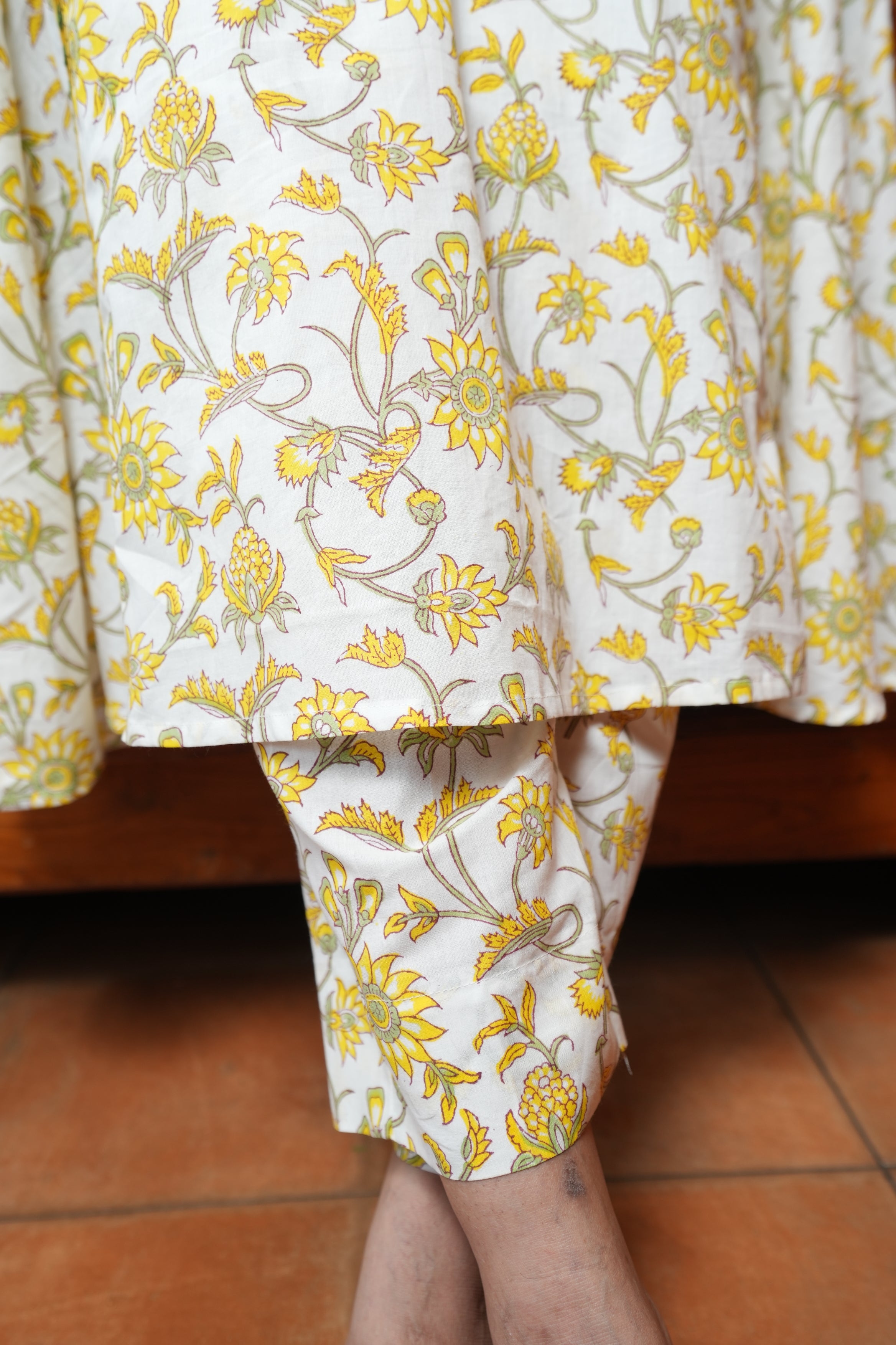 Hand Block Printed Cotton Aline Princess Cut Kurthi Set With Hand Work