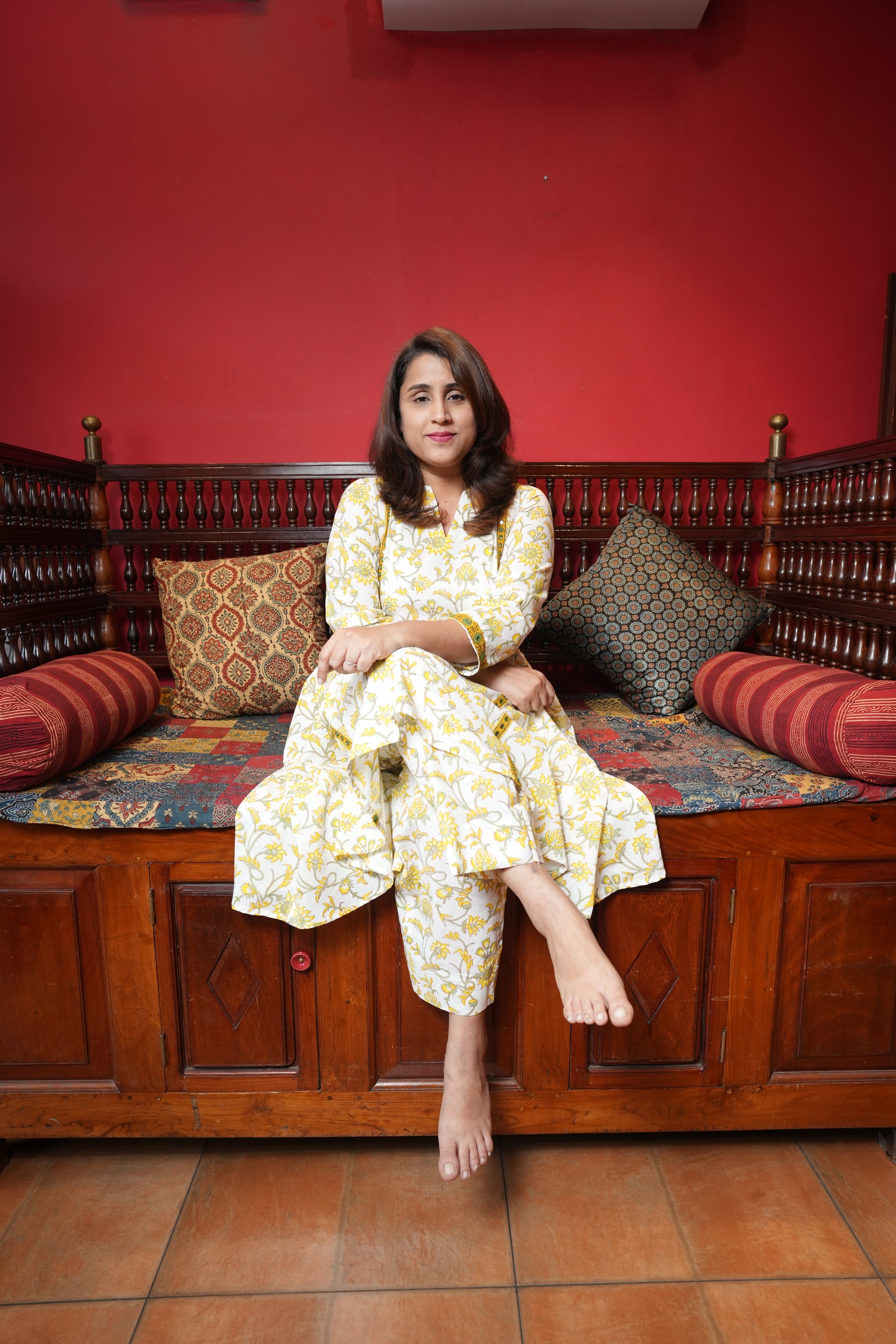 Hand Block Printed Cotton Aline Princess Cut Kurthi Set With Hand Work