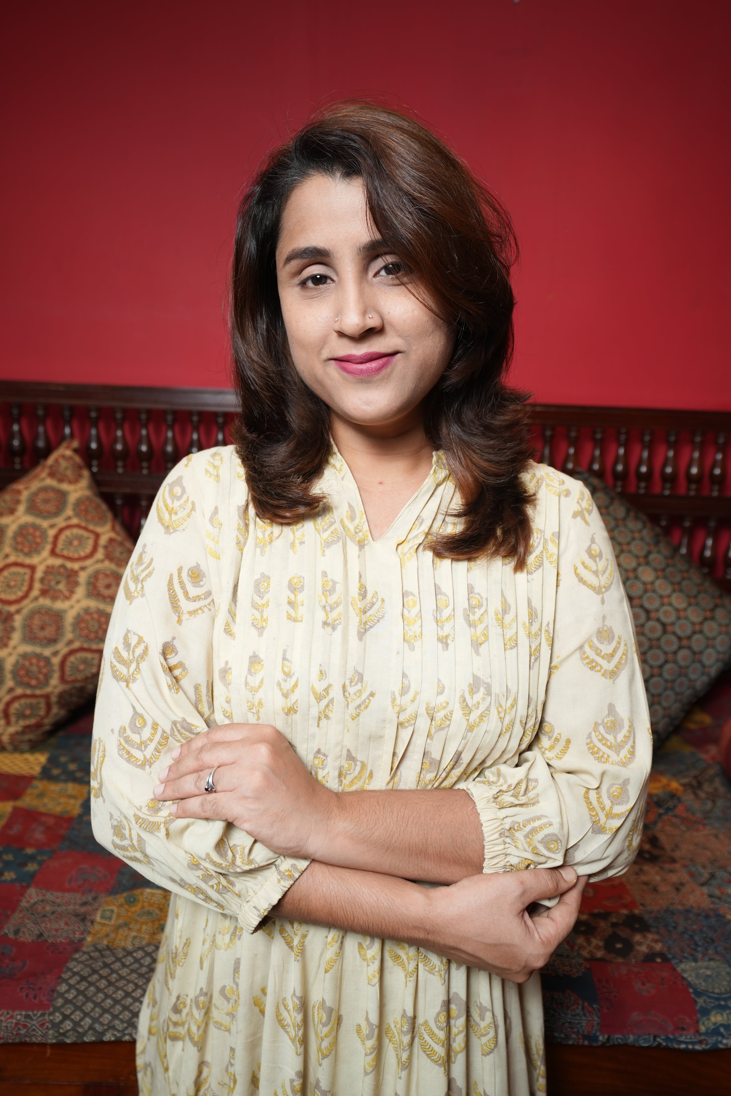 Hand Block Printed Modal Cotton Pintuck Aline Princess Cut Kurthi