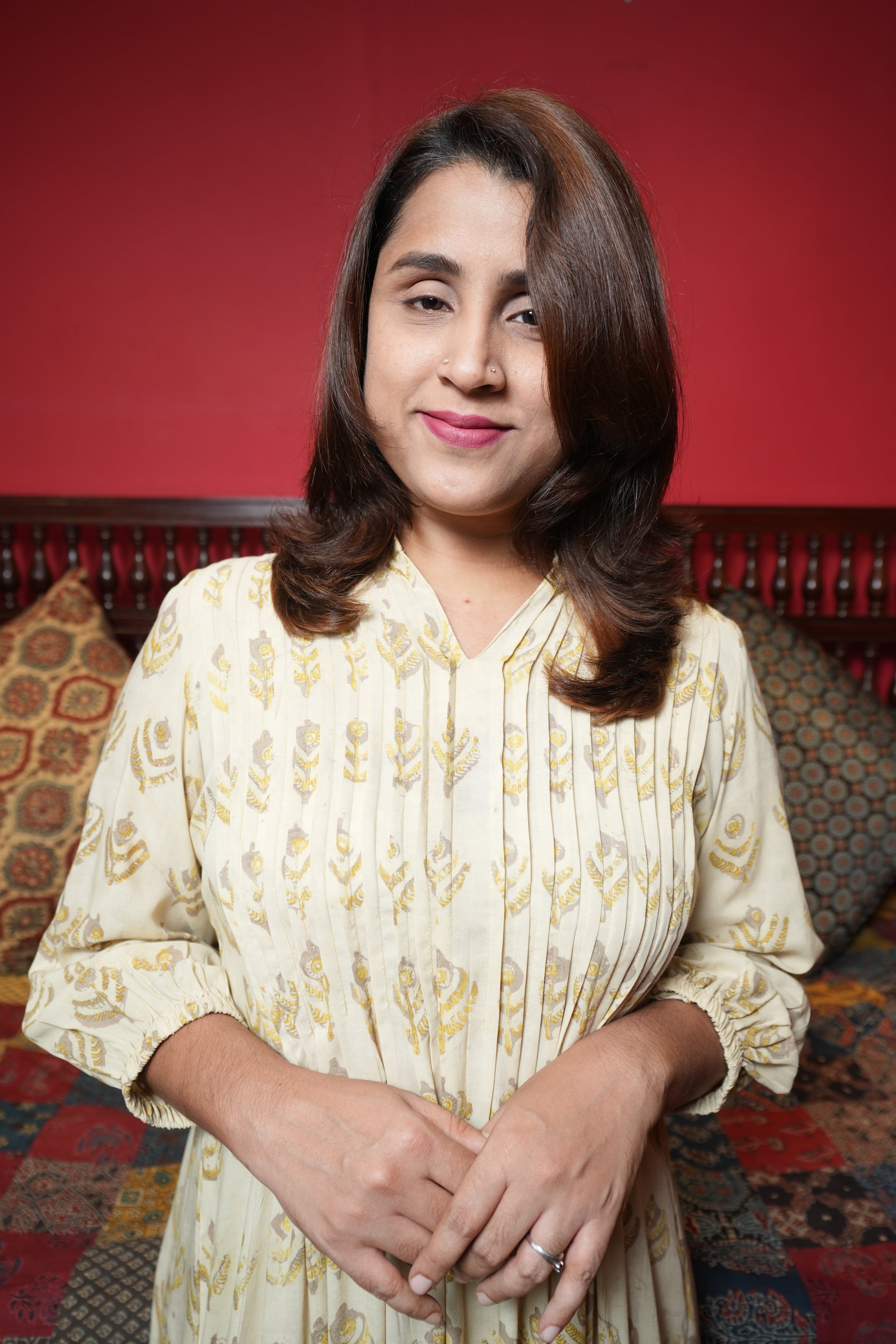 Hand Block Printed Modal Cotton Pintuck Aline Princess Cut Kurthi