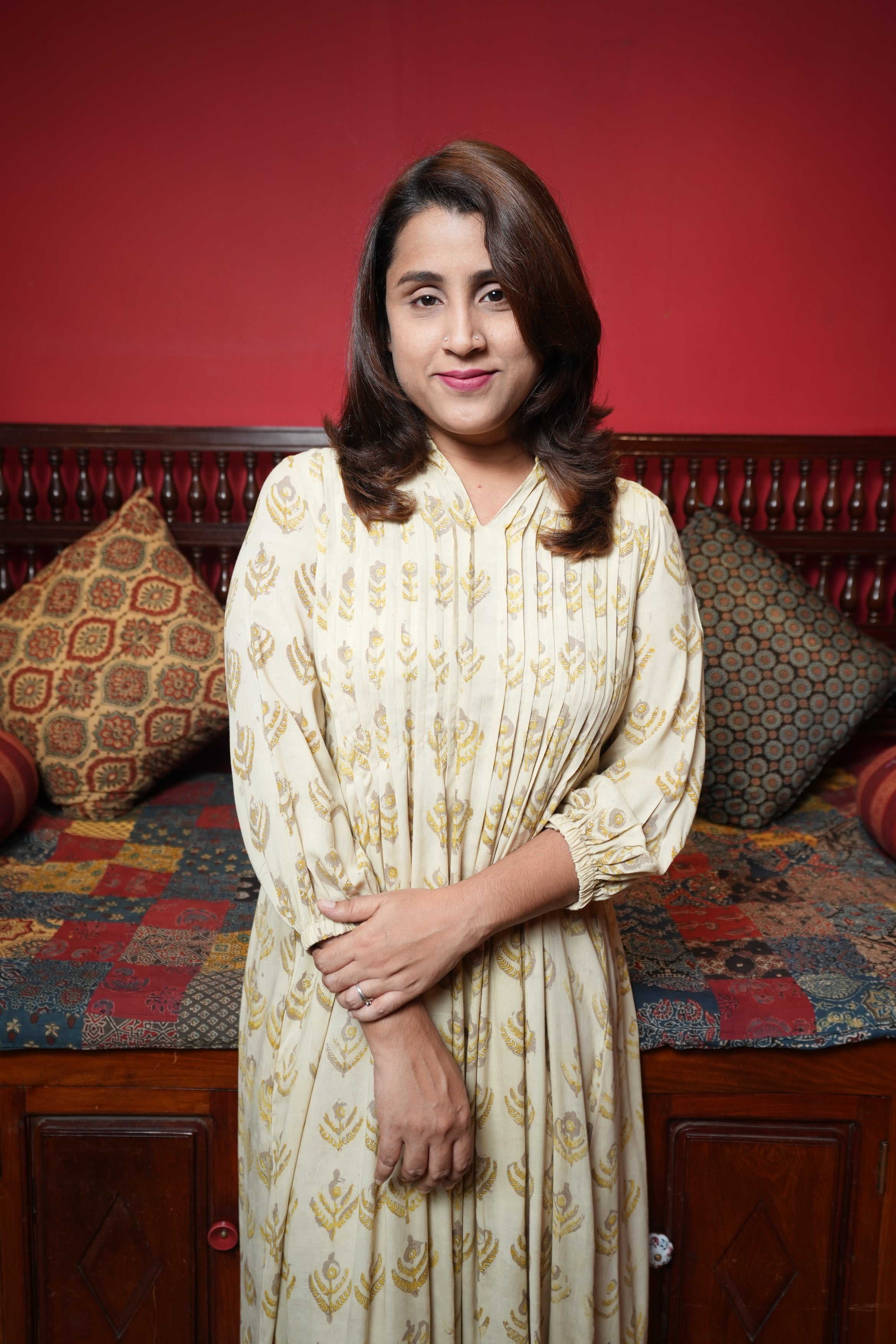 Hand Block Printed Modal Cotton Pintuck Aline Princess Cut Kurthi