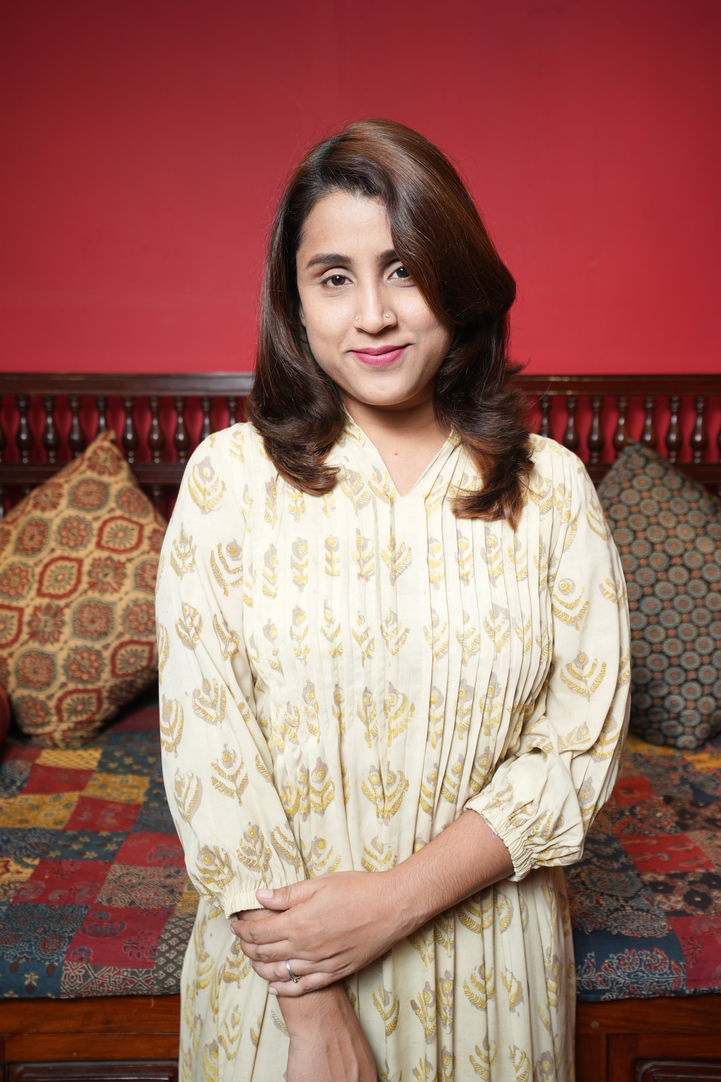 Hand Block Printed Modal Cotton Pintuck Aline Princess Cut Kurthi