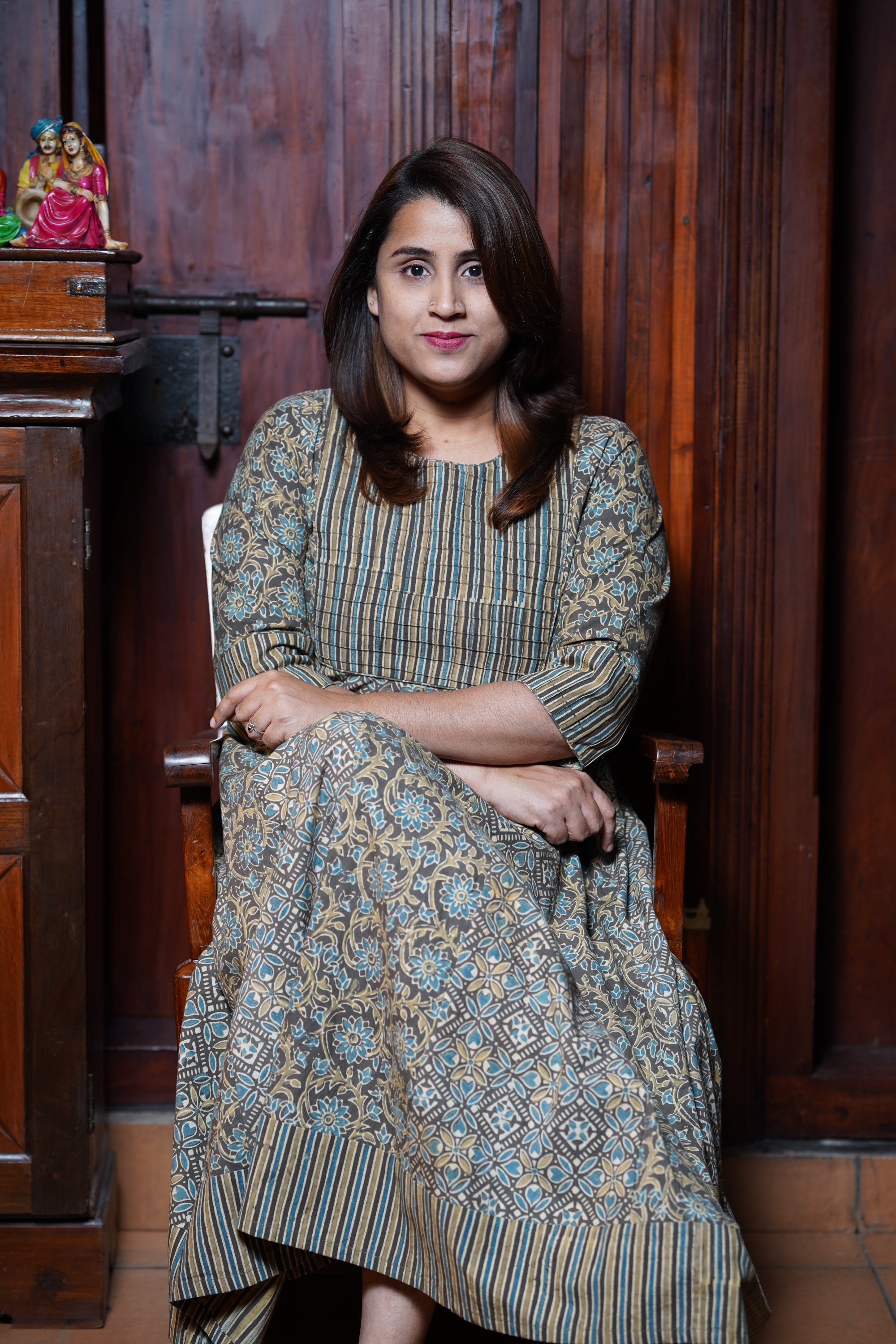 Hand Block Printed Ajrakh Cotton Anarkali Kurthi