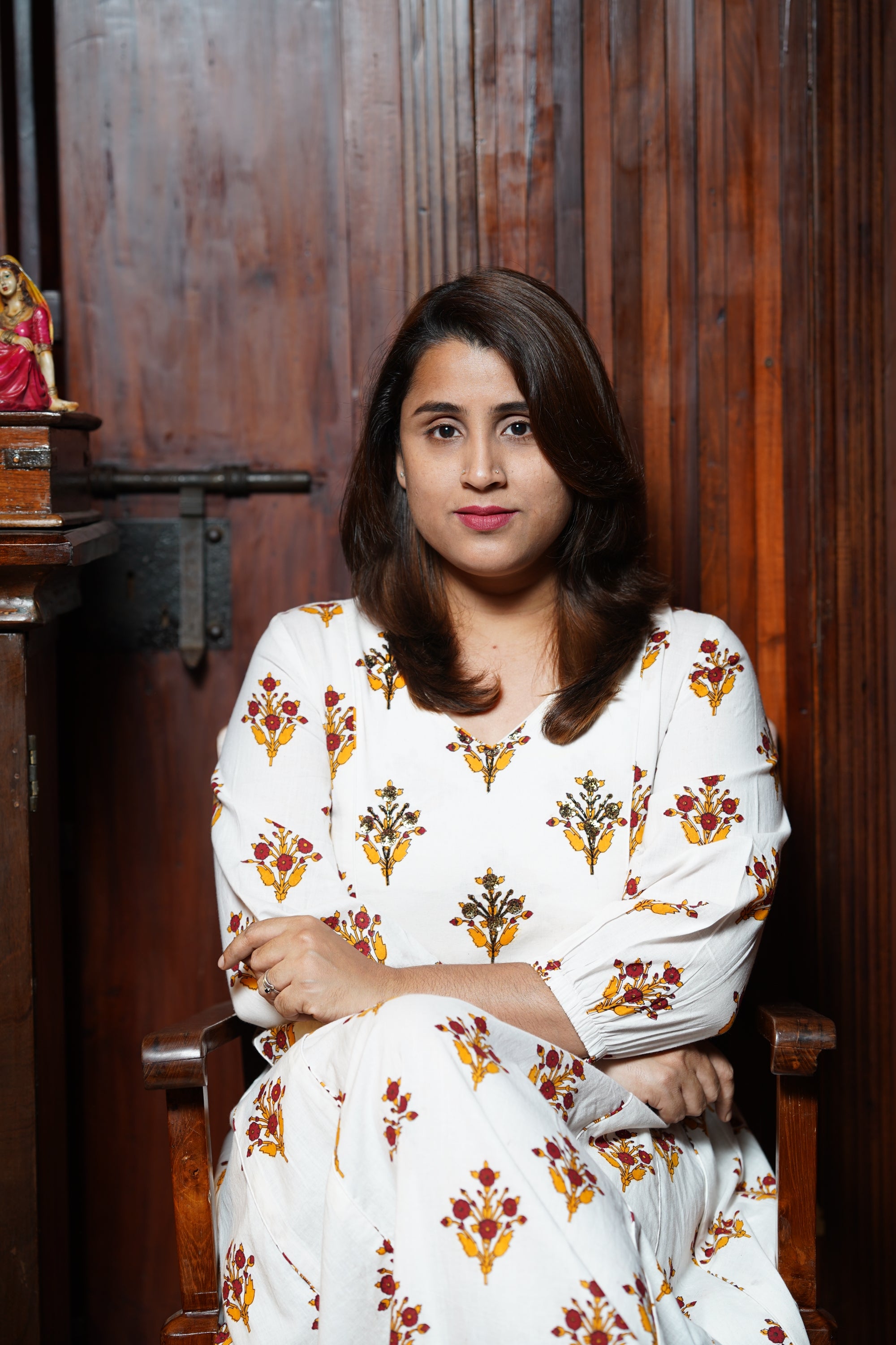 Hand Block Printed Cotton Aline Pricess Cut Kurthi With Hand Work