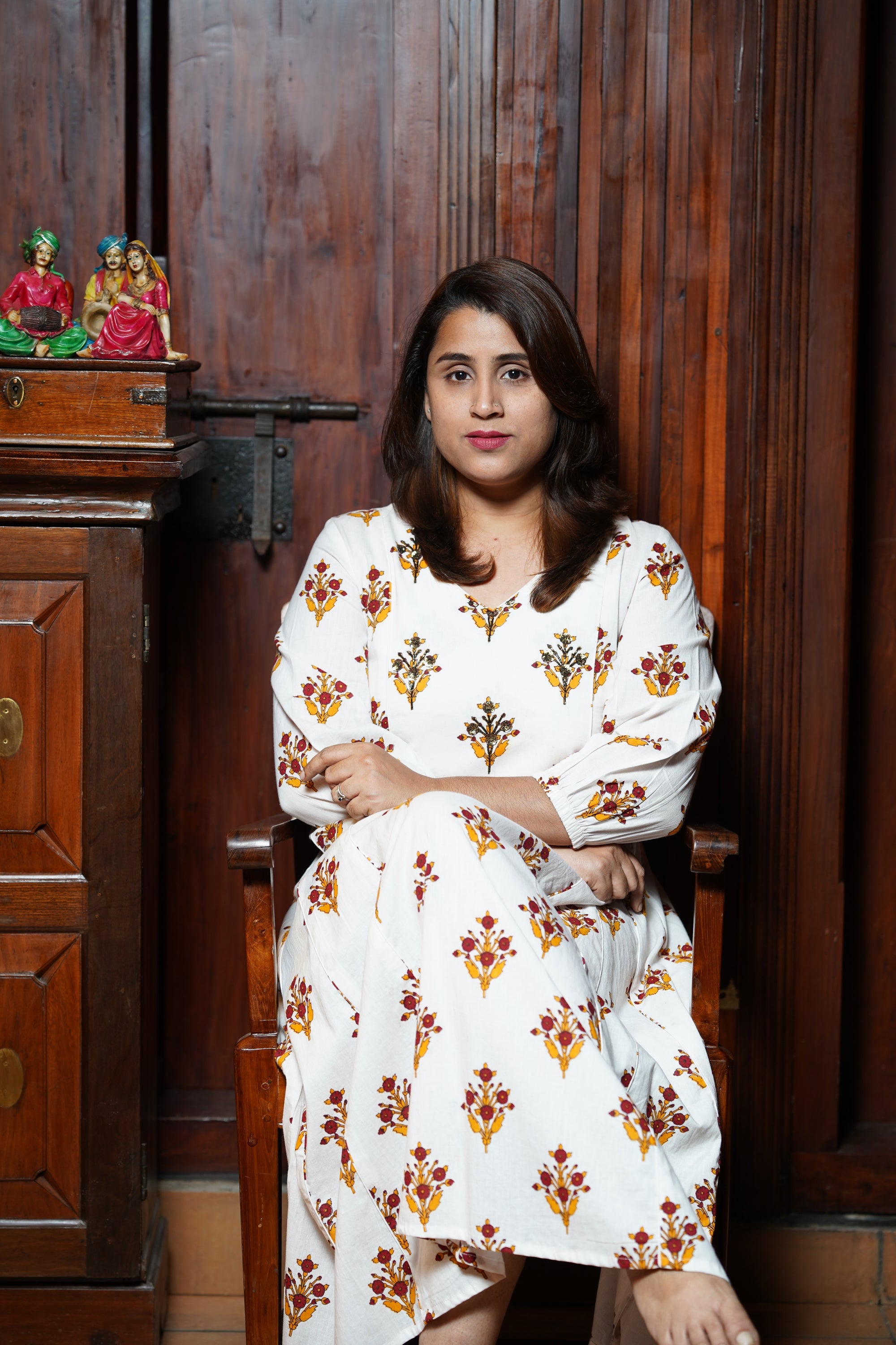 Hand Block Printed Cotton Aline Pricess Cut Kurthi With Hand Work