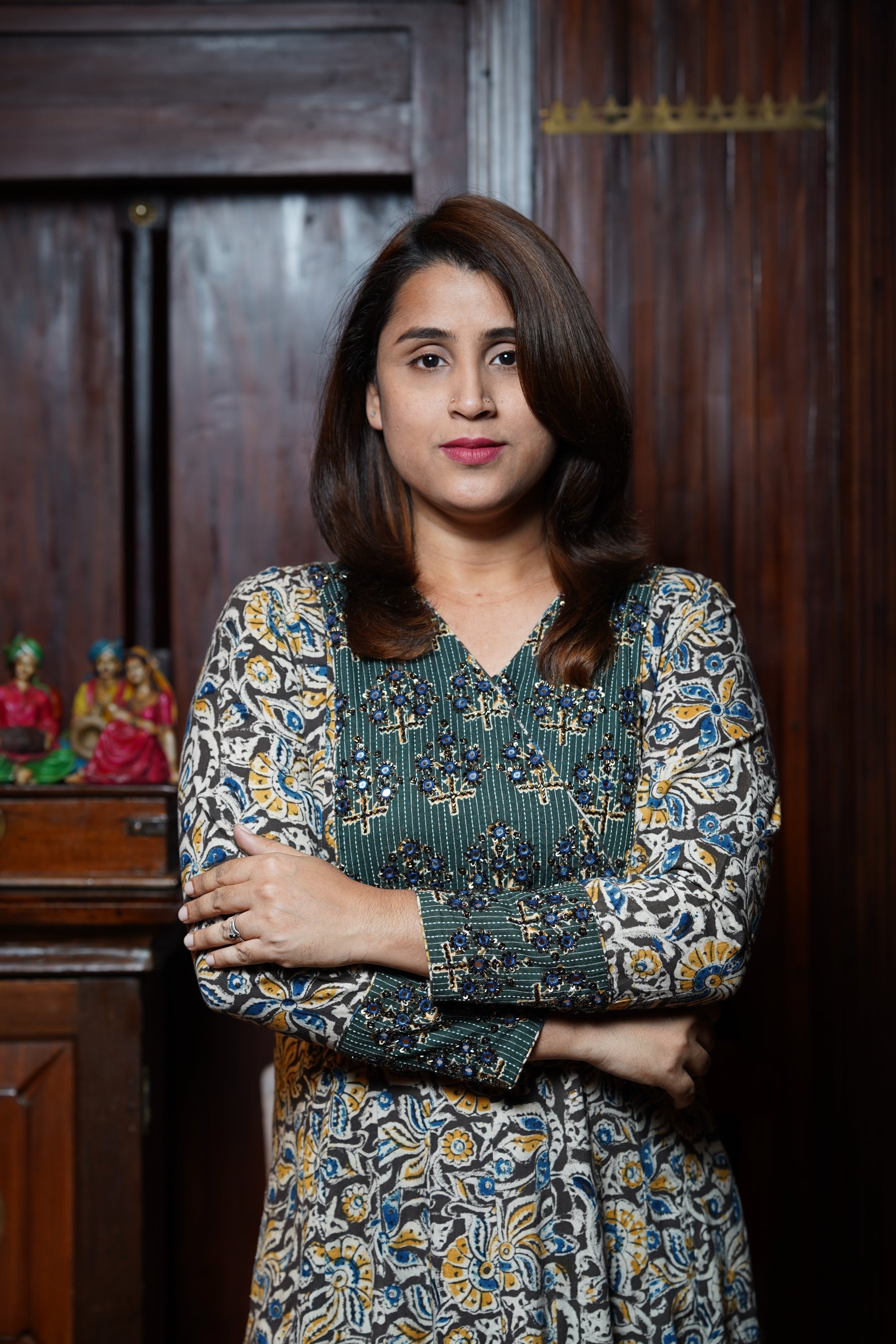 Hand Block Printed Kalamkari Cotton Anarkali Kurthi With Hand Work