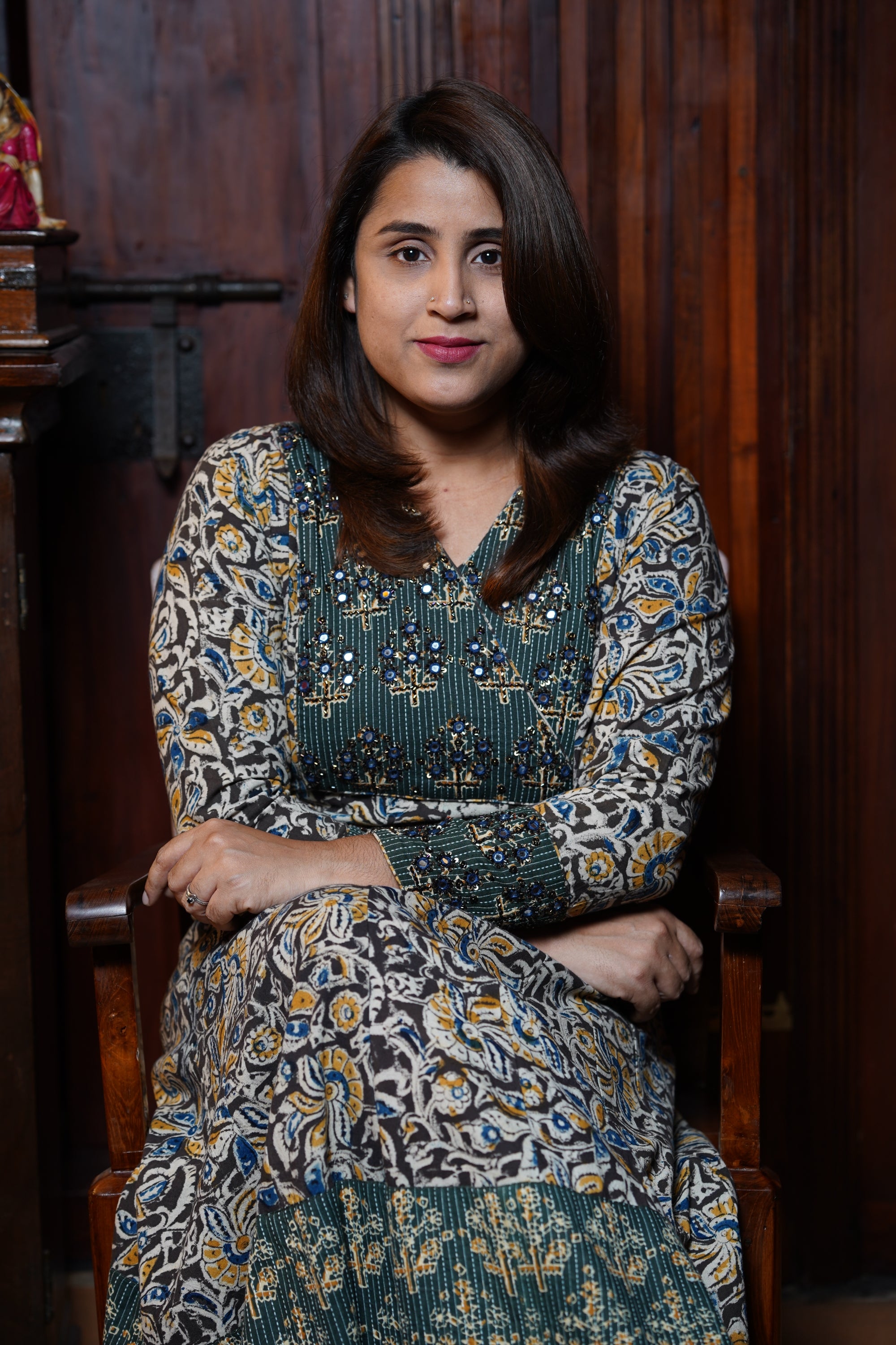 Hand Block Printed Kalamkari Cotton Anarkali Kurthi With Hand Work