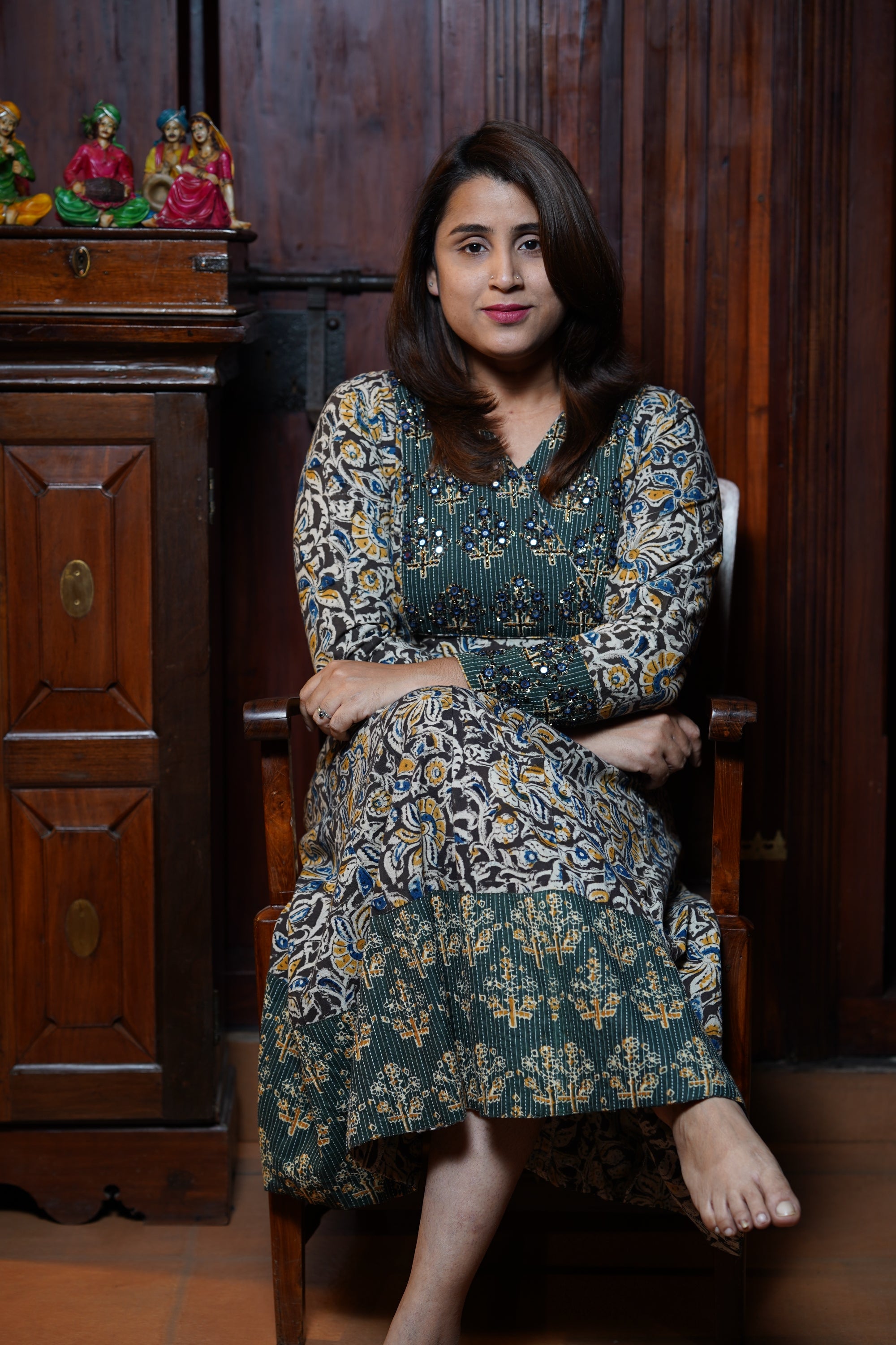Hand Block Printed Kalamkari Cotton Anarkali Kurthi With Hand Work