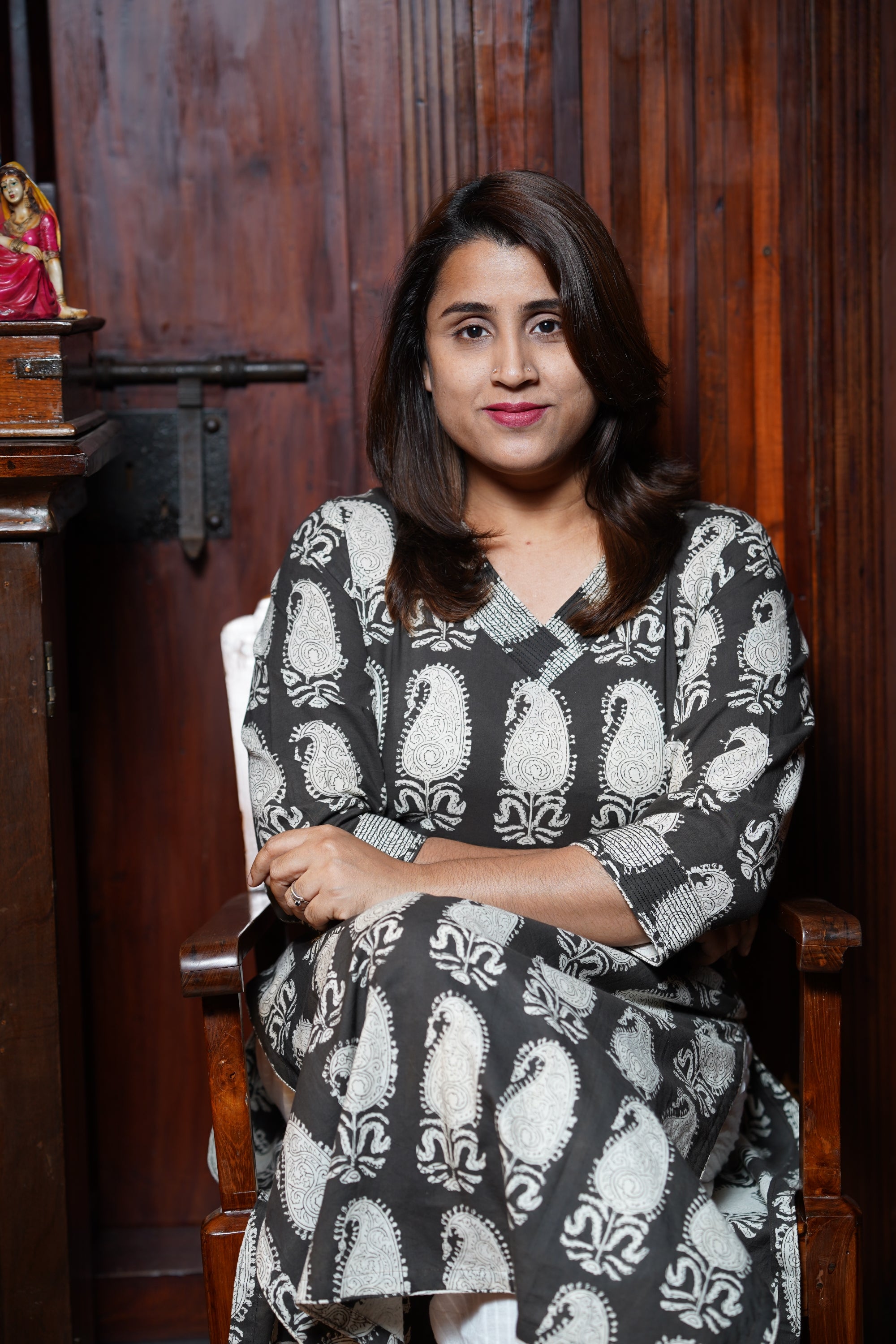 Hand Block Printed Cotton Straight Cut Kurthi With Running Stitch  on Neck And Sleeve