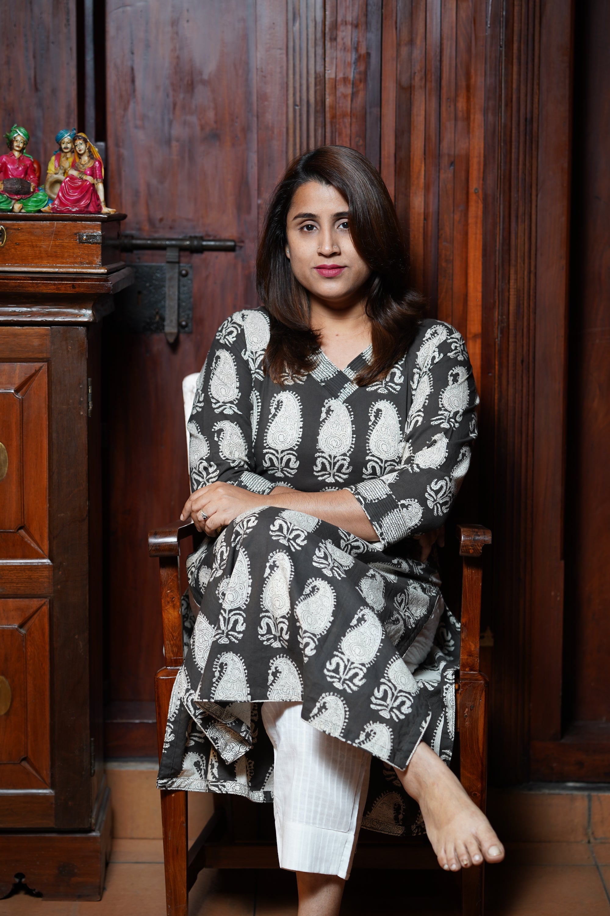 Hand Block Printed Cotton Straight Cut Kurthi With Running Stitch  on Neck And Sleeve