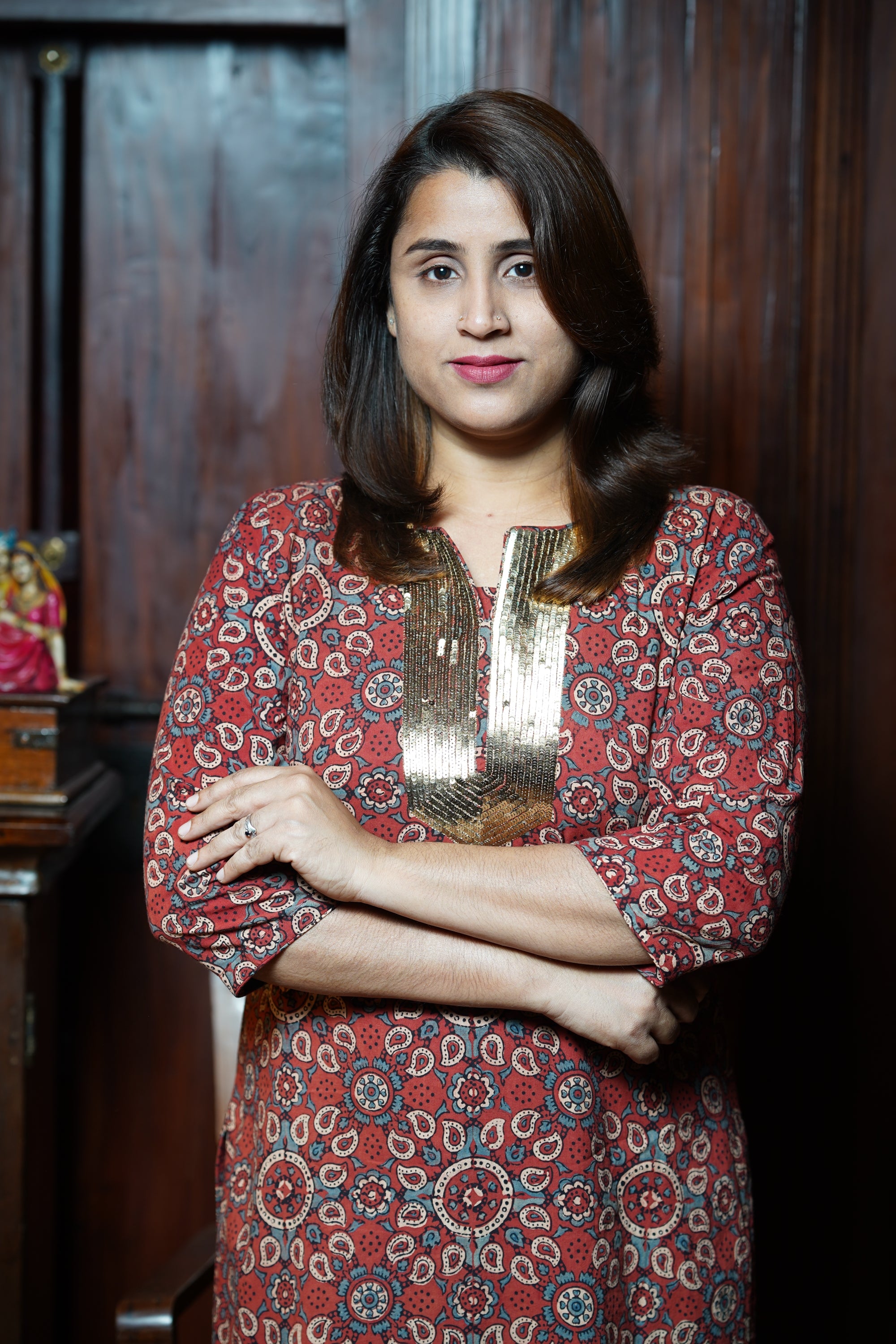 Hand Block Printed Cotton Straight Cut Kurthi With Hand Work on Neck