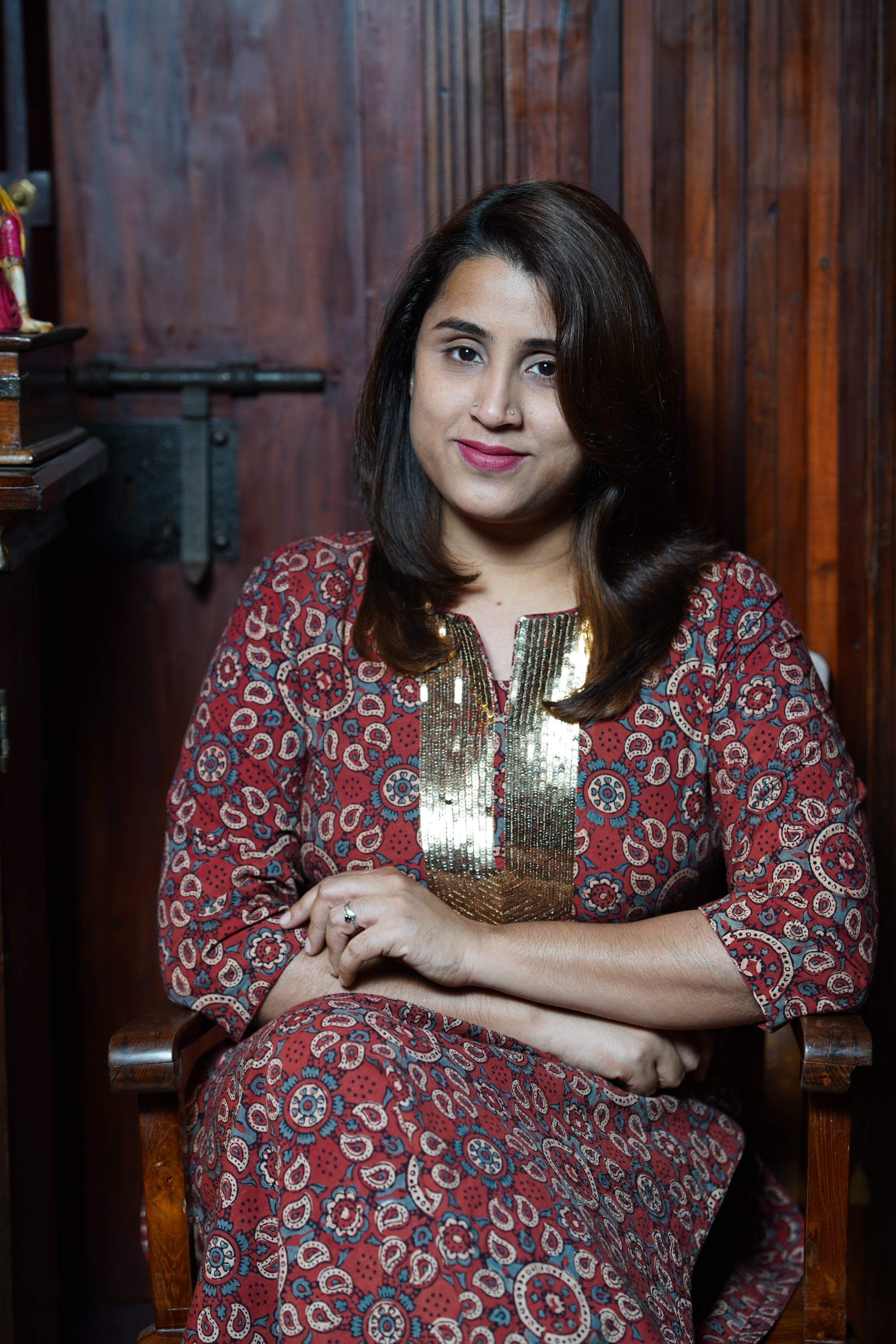 Hand Block Printed Cotton Straight Cut Kurthi With Hand Work on Neck