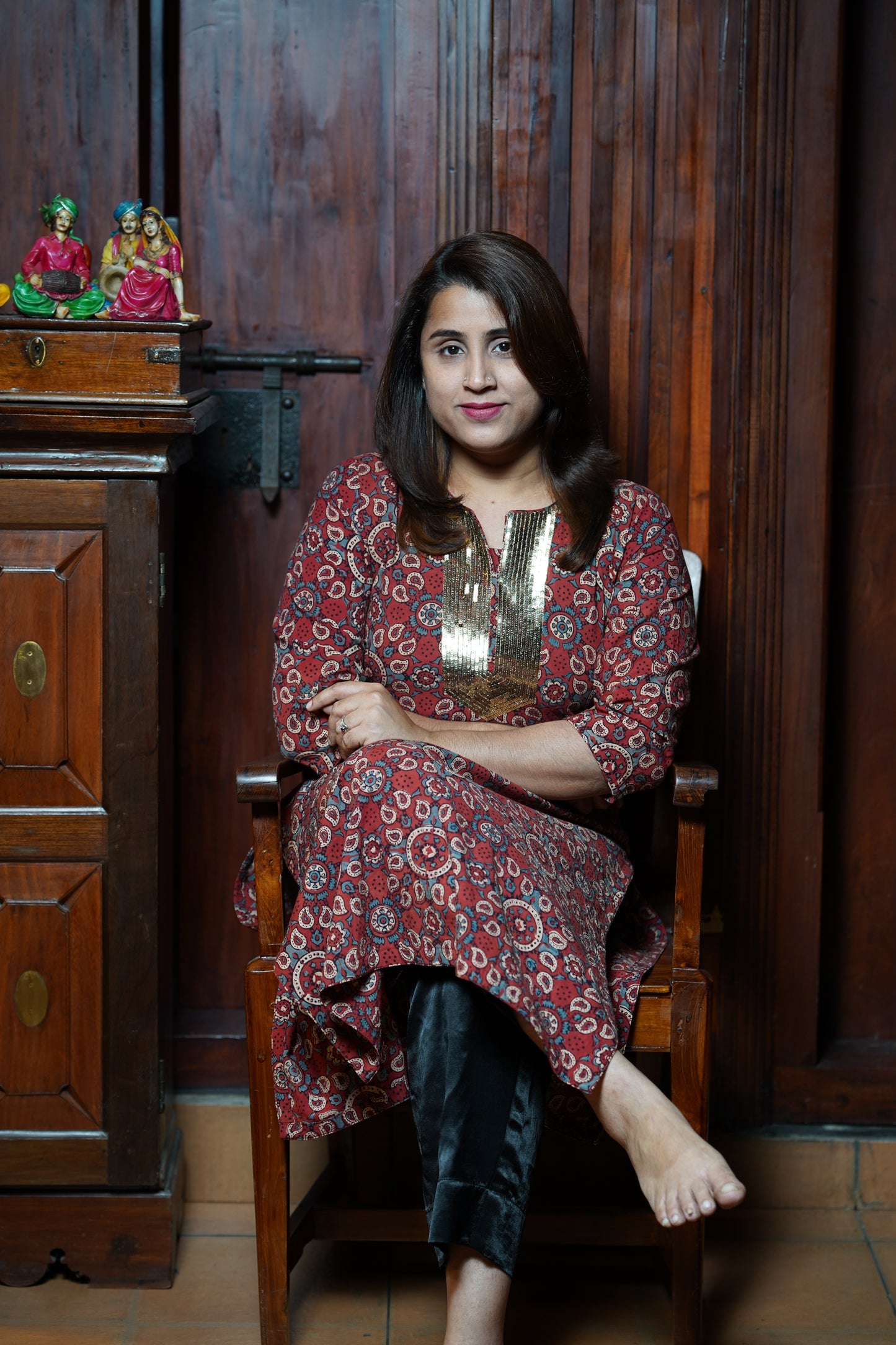 Hand Block Printed Cotton Straight Cut Kurthi With Hand Work on Neck