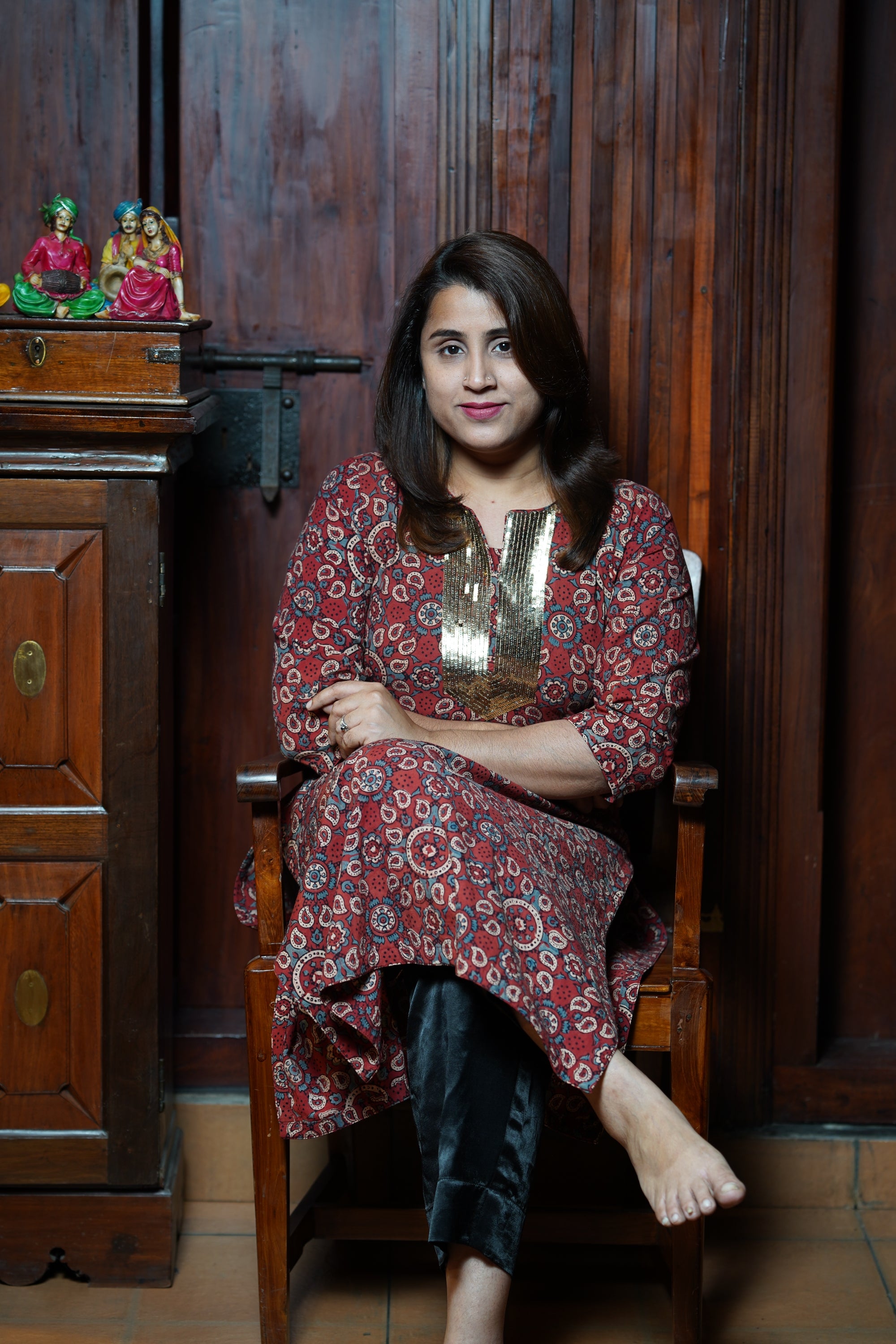 Hand Block Printed Cotton Straight Cut Kurthi With Hand Work on Neck