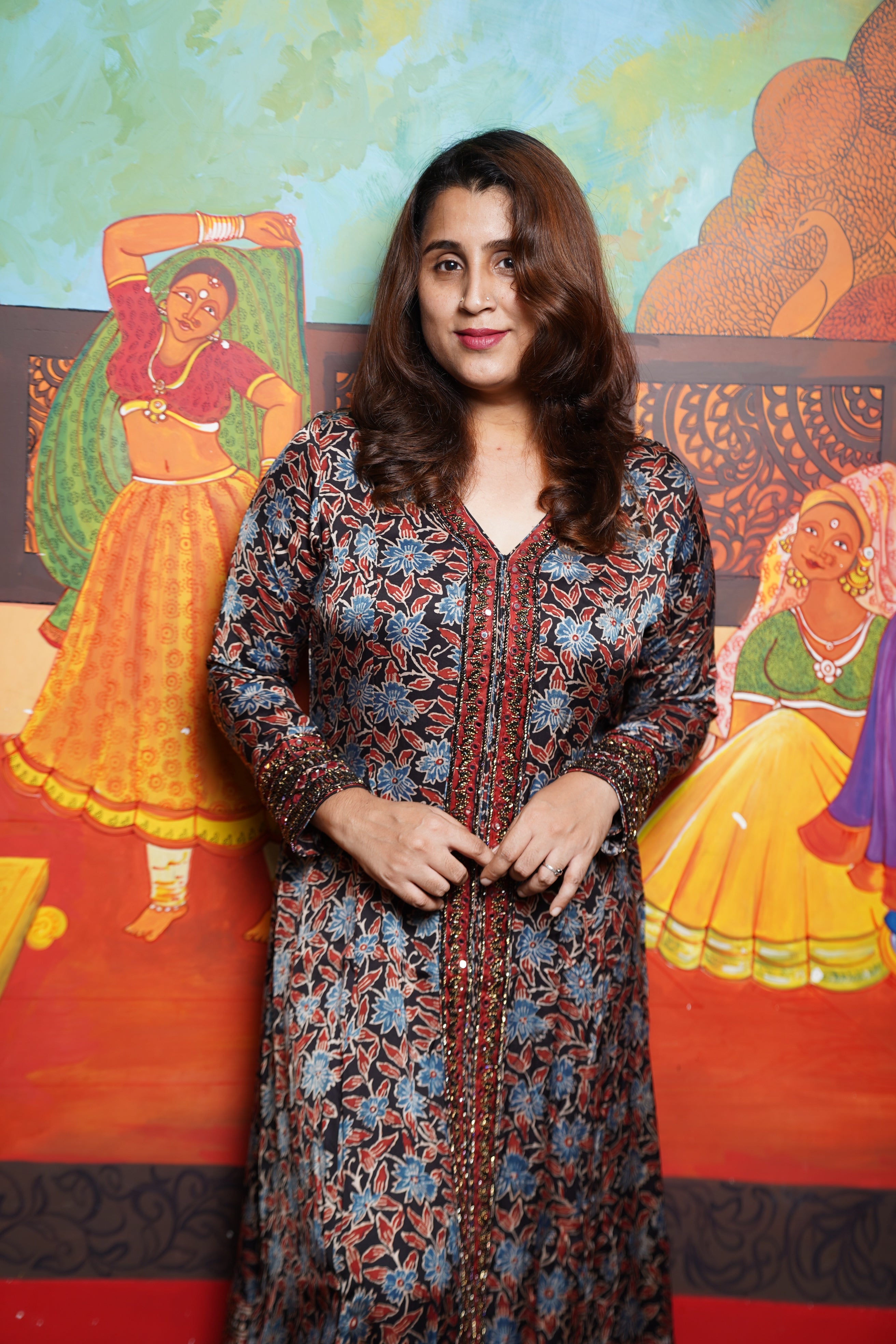 Hand Block Printed Ajrakh Modal Aline Princess Cut Kurthi With Hand Work