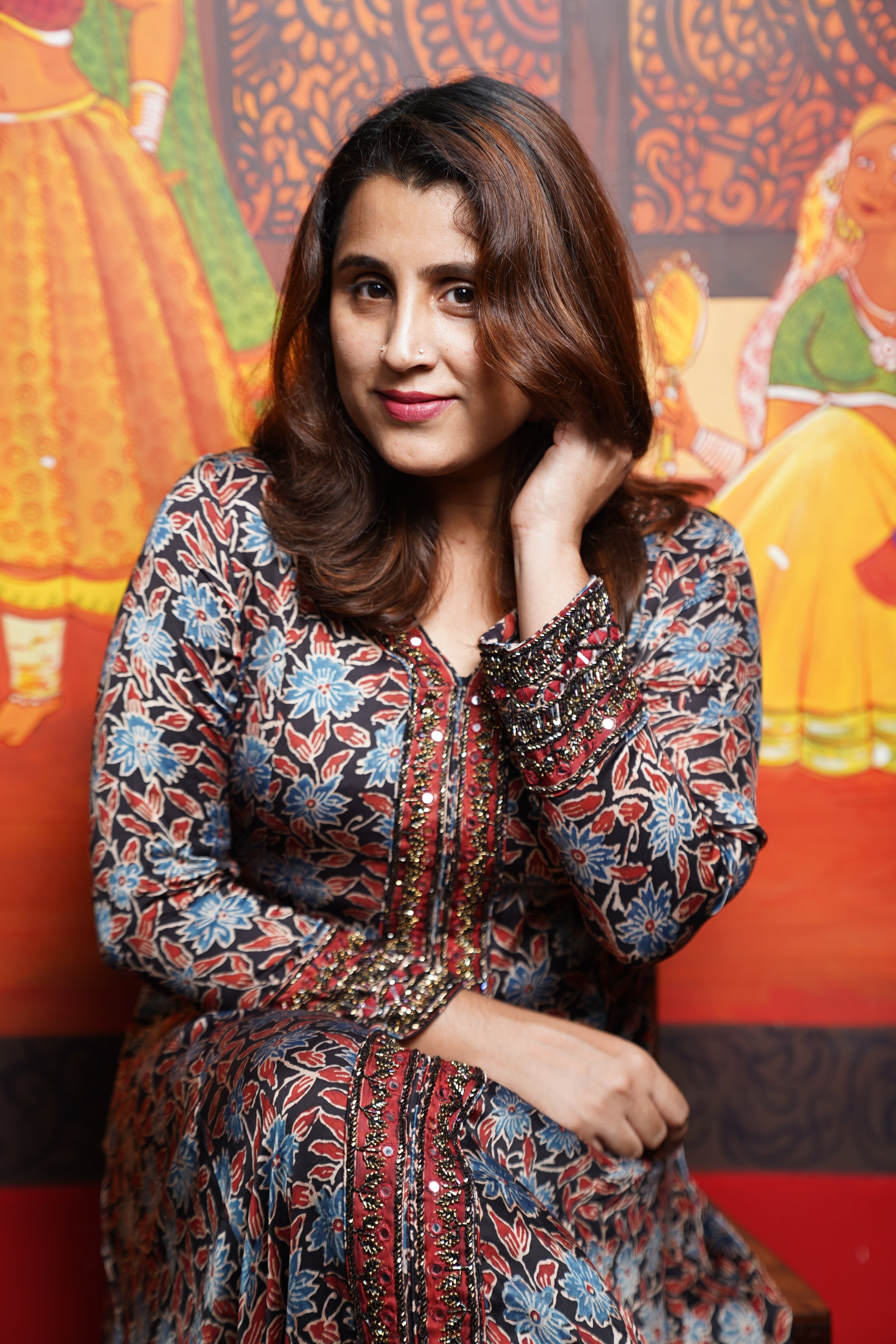 Hand Block Printed Ajrakh Modal Aline Princess Cut Kurthi With Hand Work