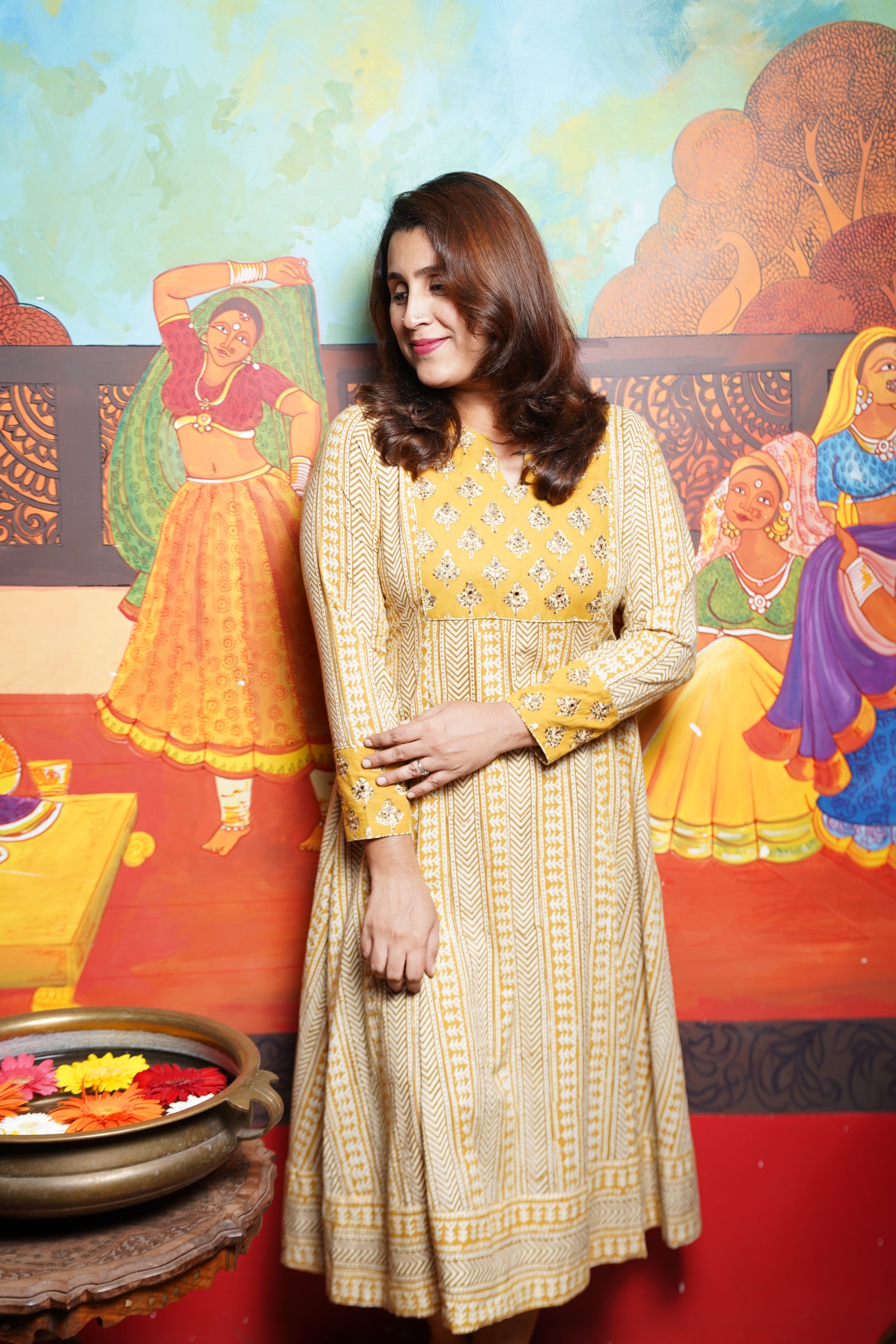 Hand Block Printed Bagru Aline Princess Cut Kurthi With Hand Work & Pocket