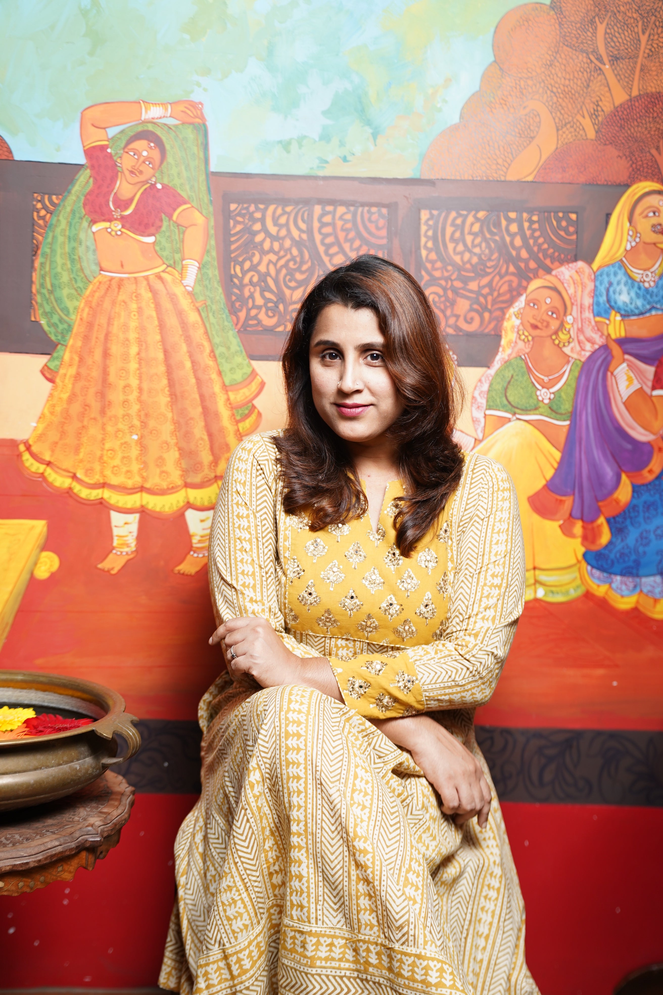 Hand Block Printed Bagru Aline Princess Cut Kurthi With Hand Work & Pocket