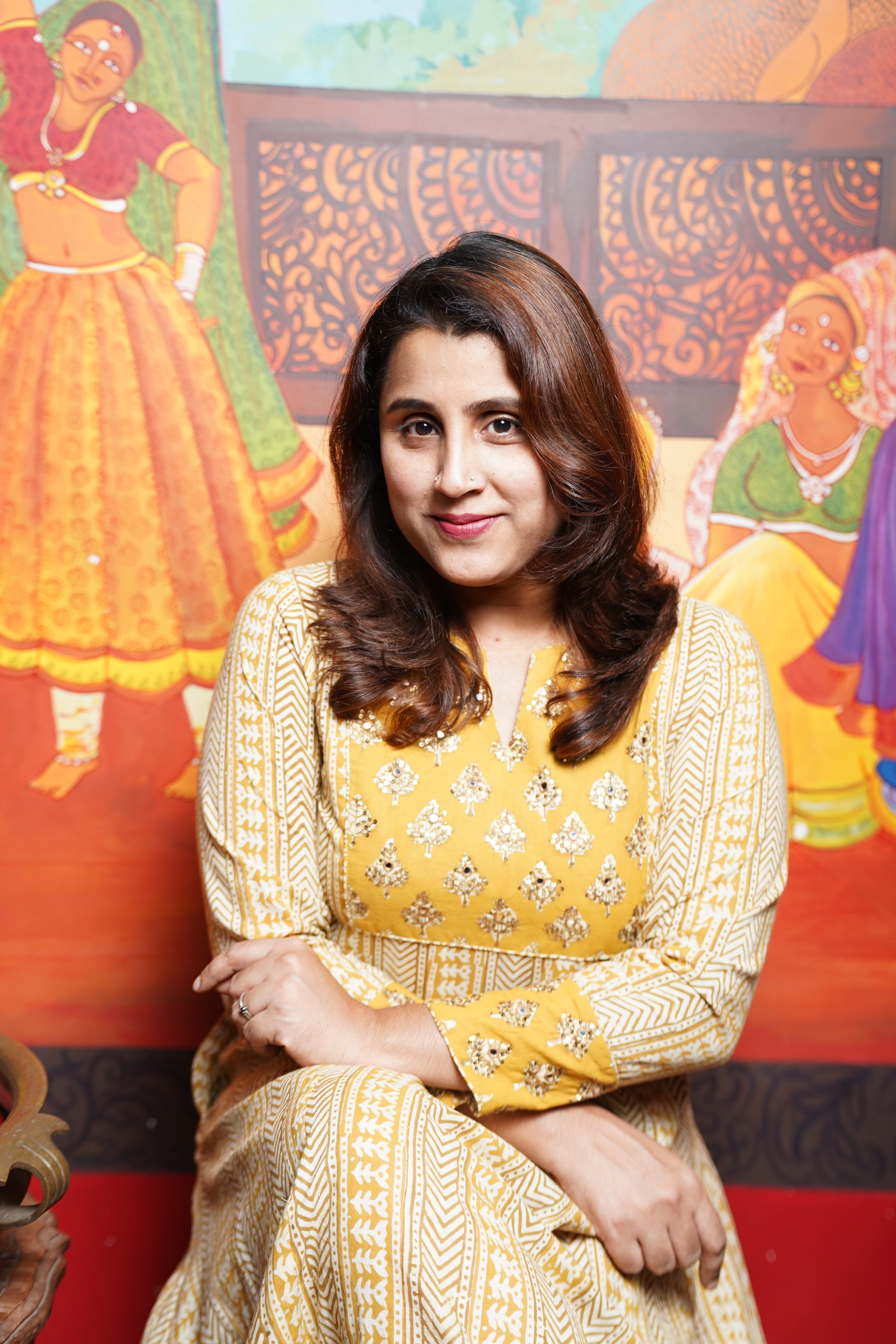 Hand Block Printed Bagru Aline Princess Cut Kurthi With Hand Work & Pocket