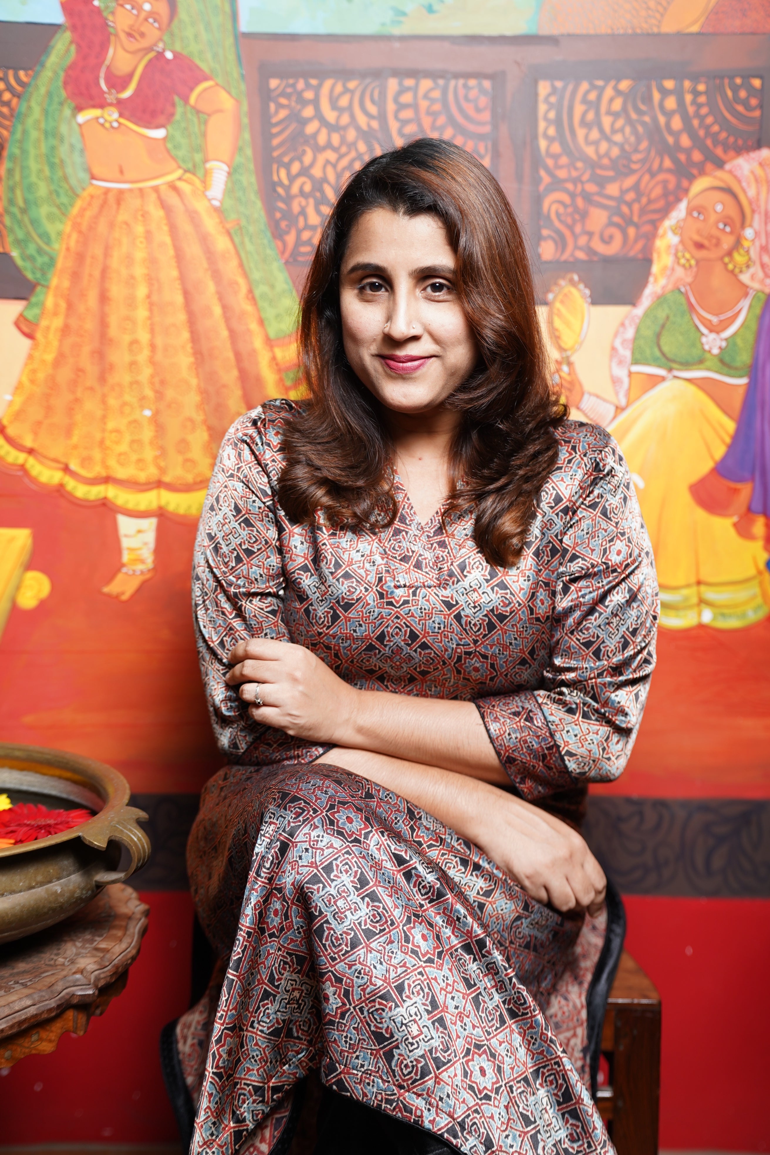 Hand Block Printed Ajrakh Mashru Silk Straight Cut Kurthi