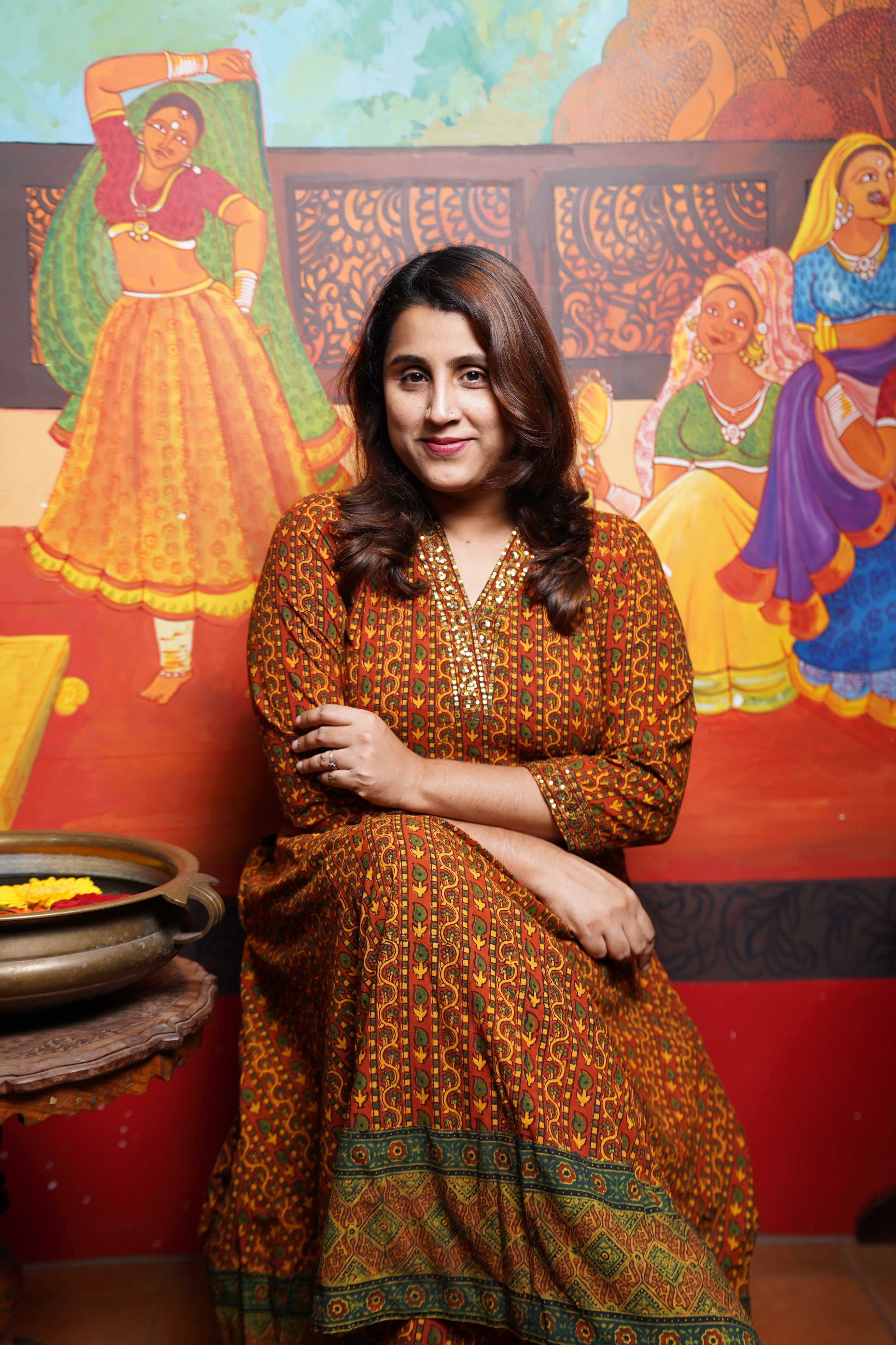 Hand Block Printed Ajrakh Aline Princess Cut Kurthi  Set with Hand Work